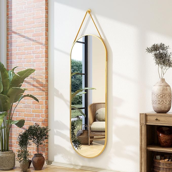 Full Length Oval Wall Mirror 16x48 with Leather Hanging Strap