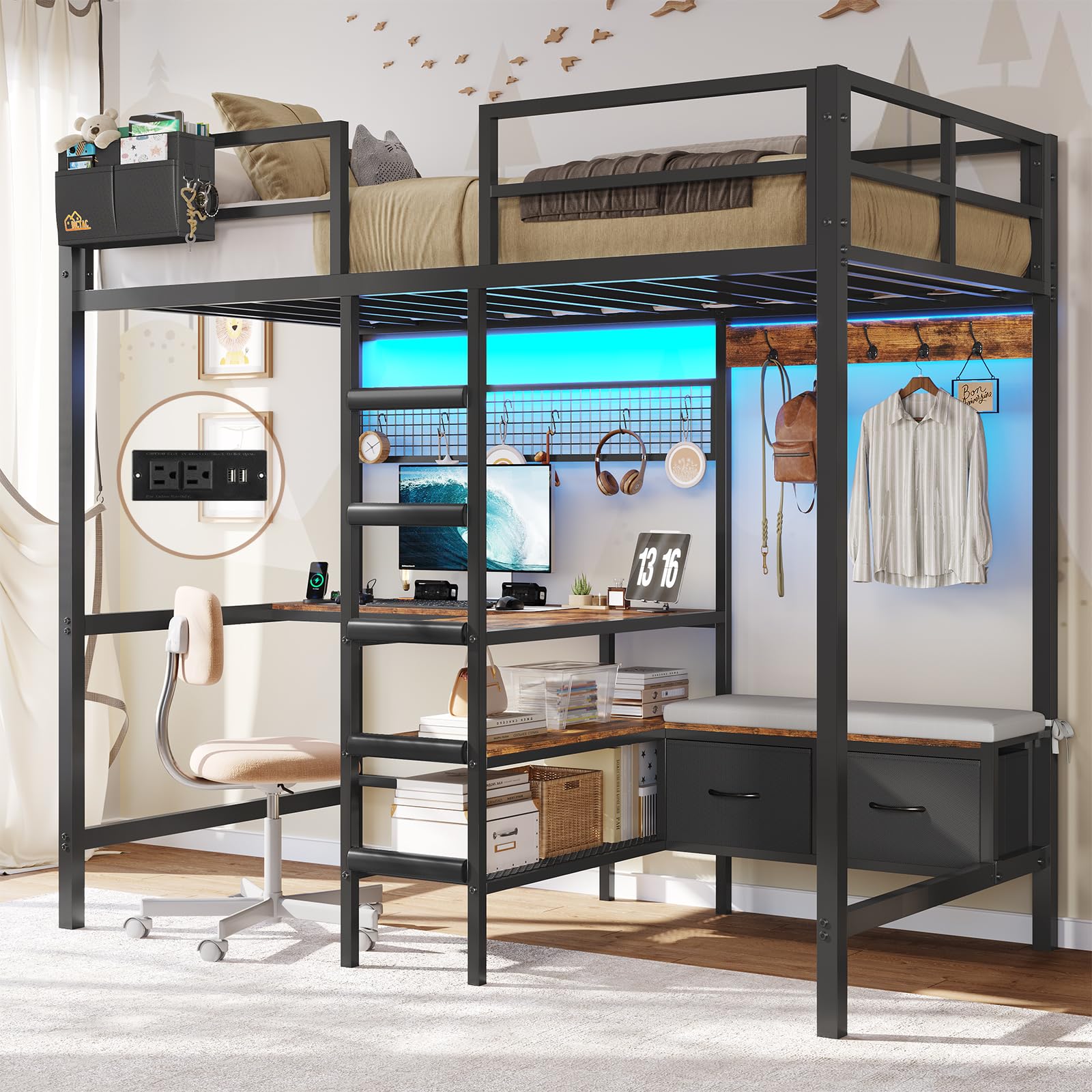 Twin Loft Bed with L-Shaped Desk and Storage Shelves