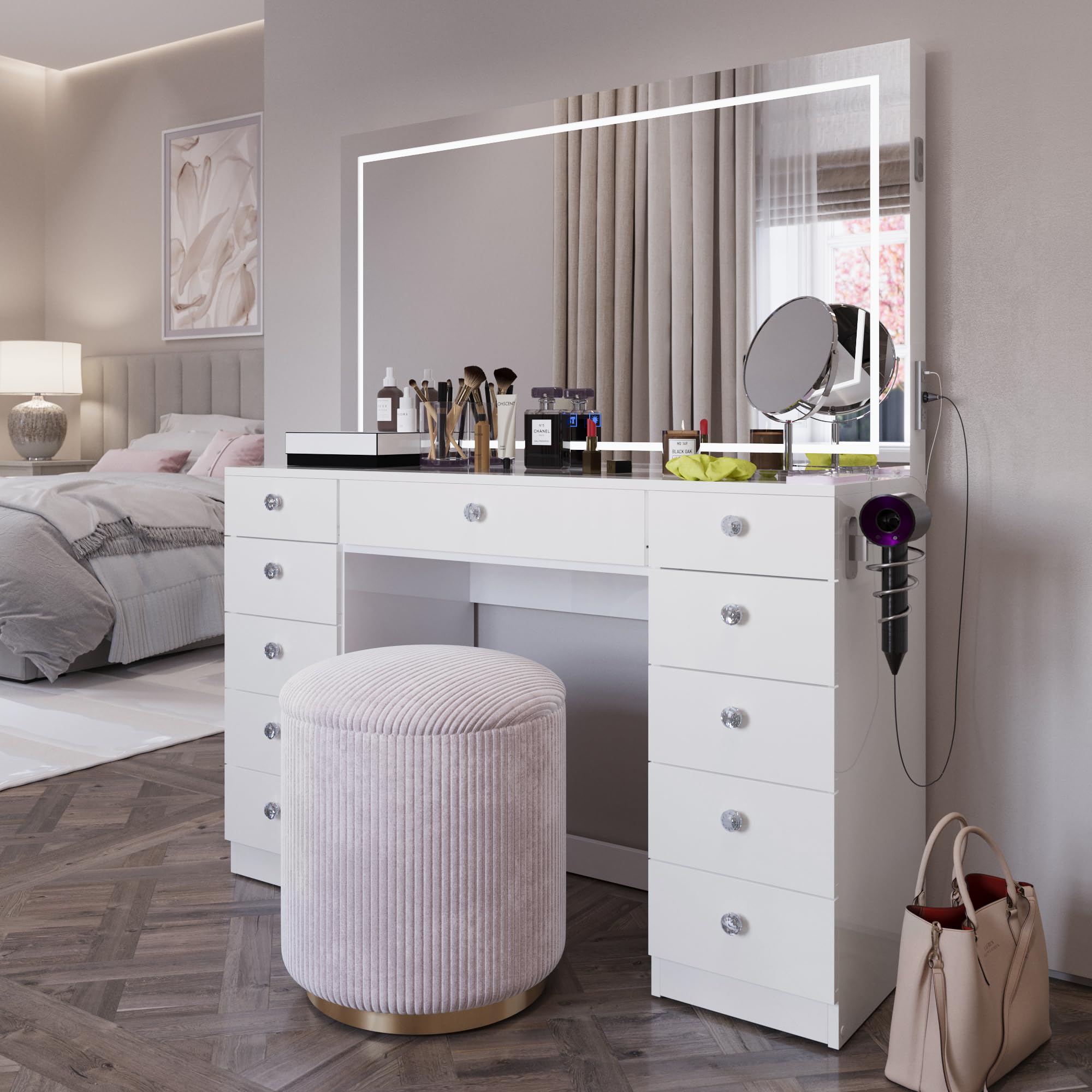 Large Makeup Vanity Desk with Dimmable LED and Bluetooth Speakers