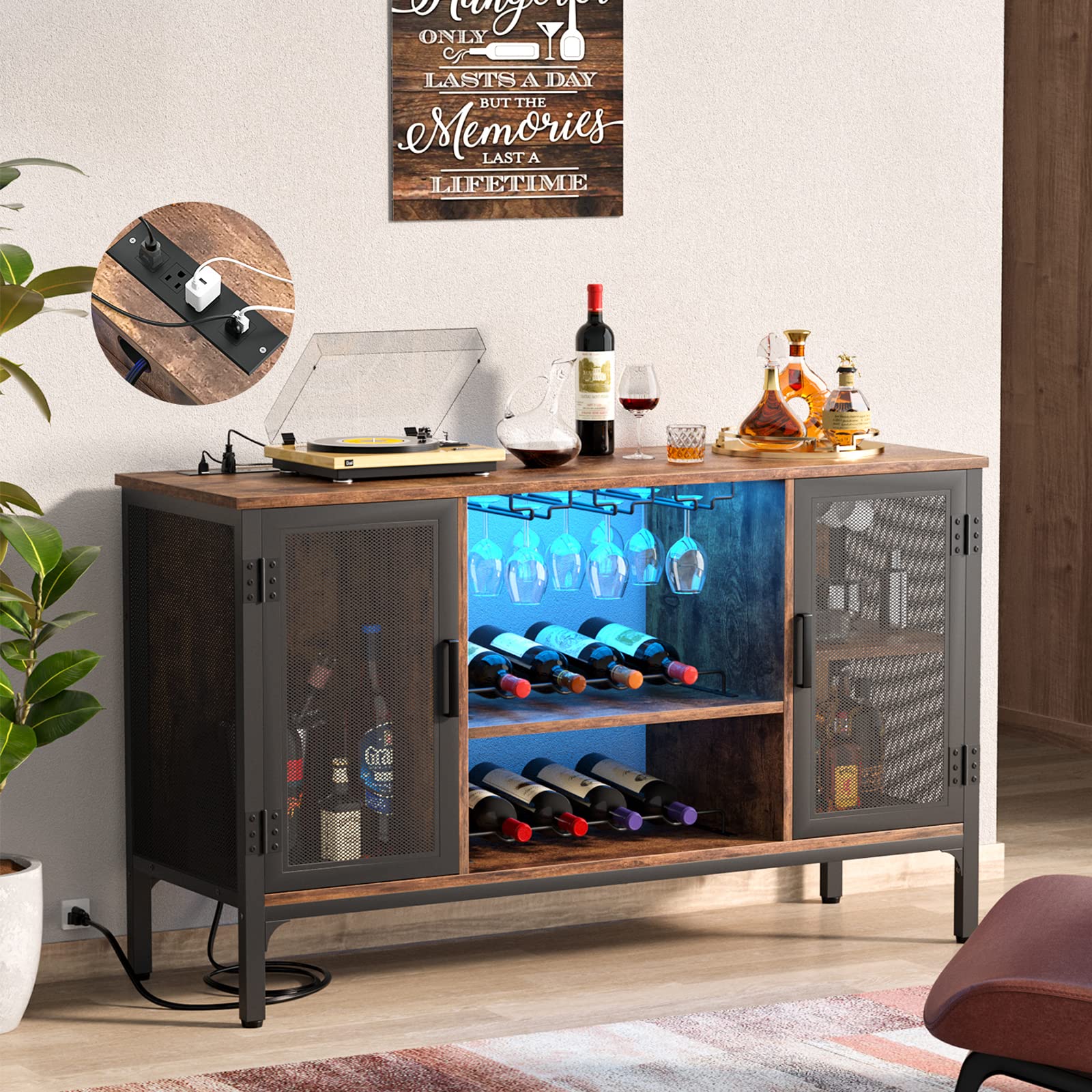 Industrial Bar Cabinet with LED Lights and Wine Rack