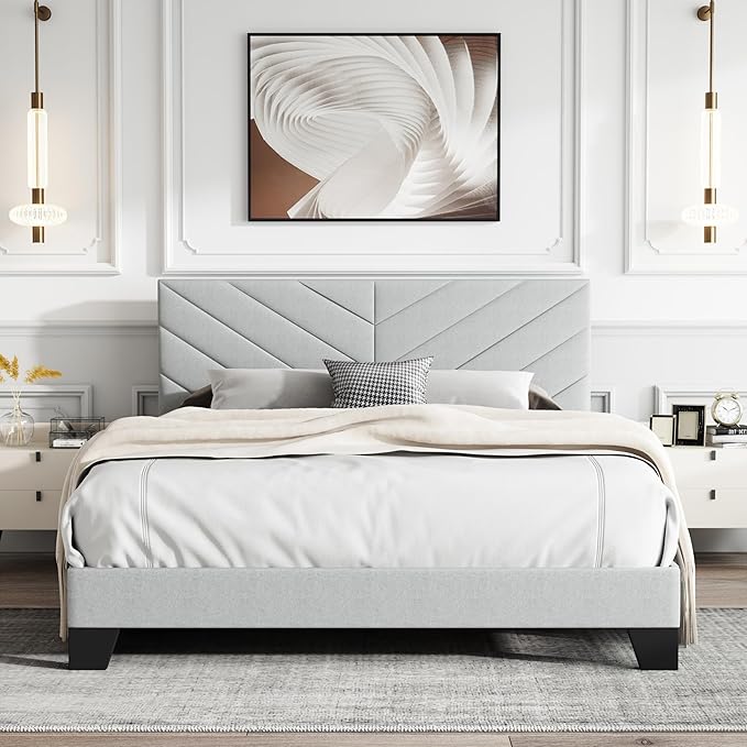 Queen Platform Bed Frame with Upholstered Headboard