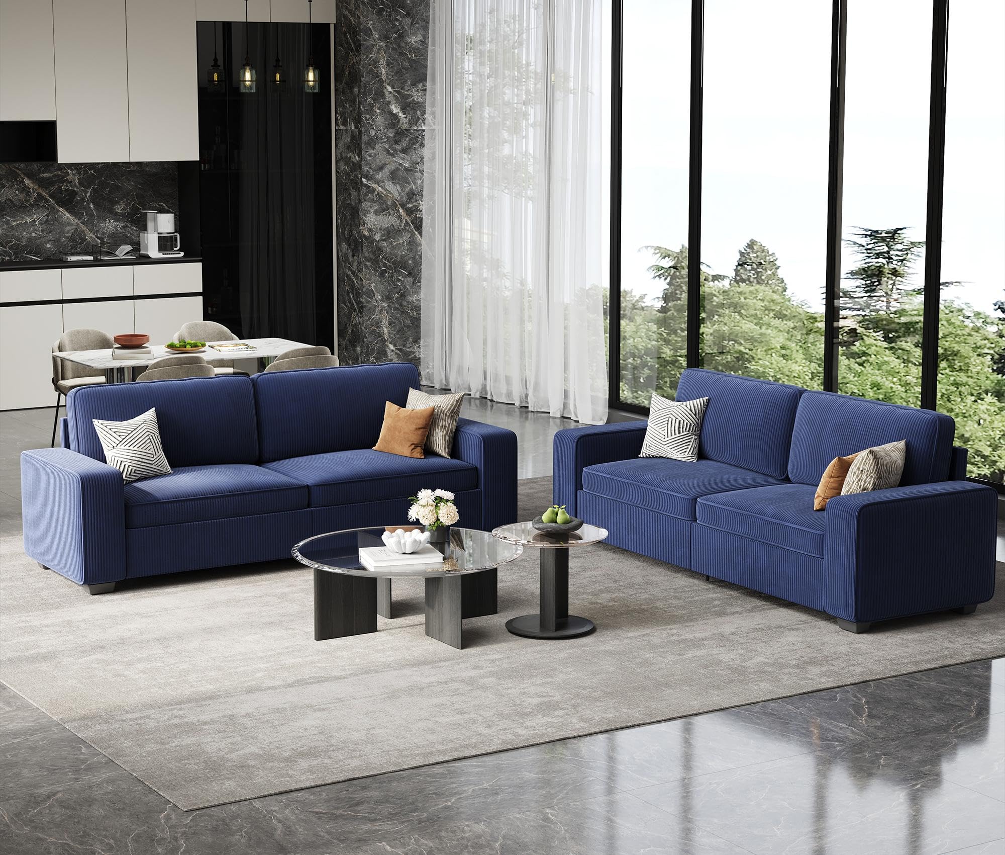 86" Blue Corduroy Sofa with Deep Seats