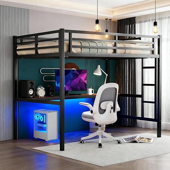 Queen Loft Bed with Desk and LED Lights