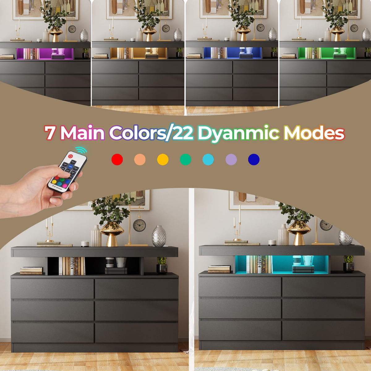 6 Drawer Dresser with Charging Station and LED Lights