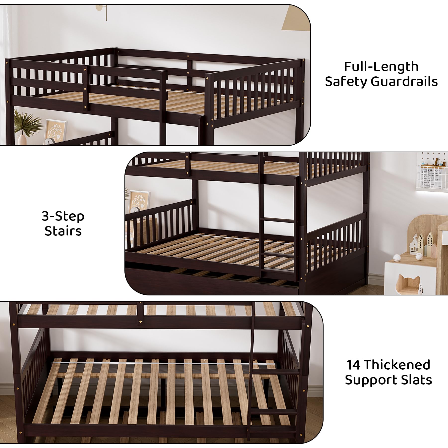 Full Over Full Bunk Bed with Trundle and Safety Rails