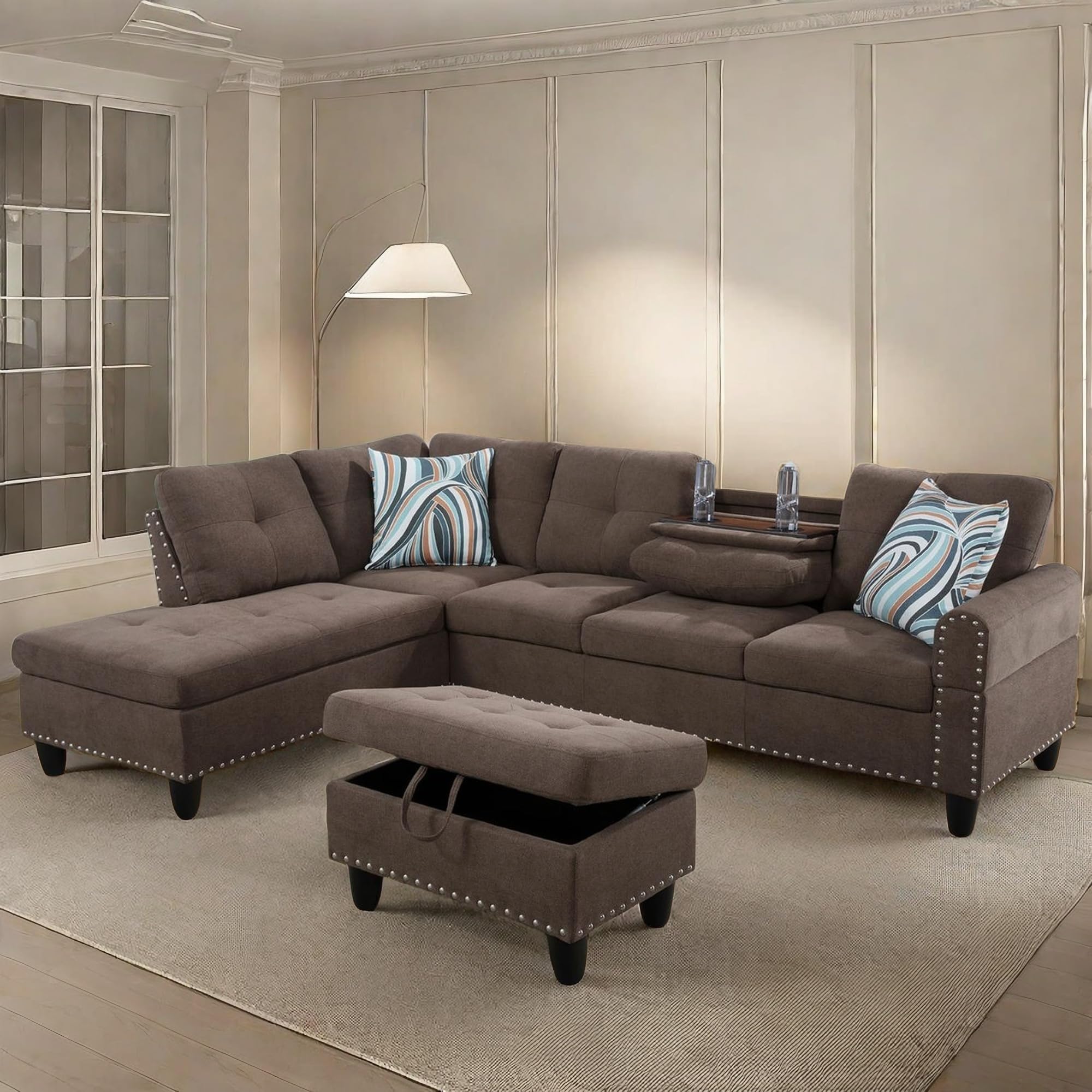 L-Shaped Sectional Sofa with Cup Holder