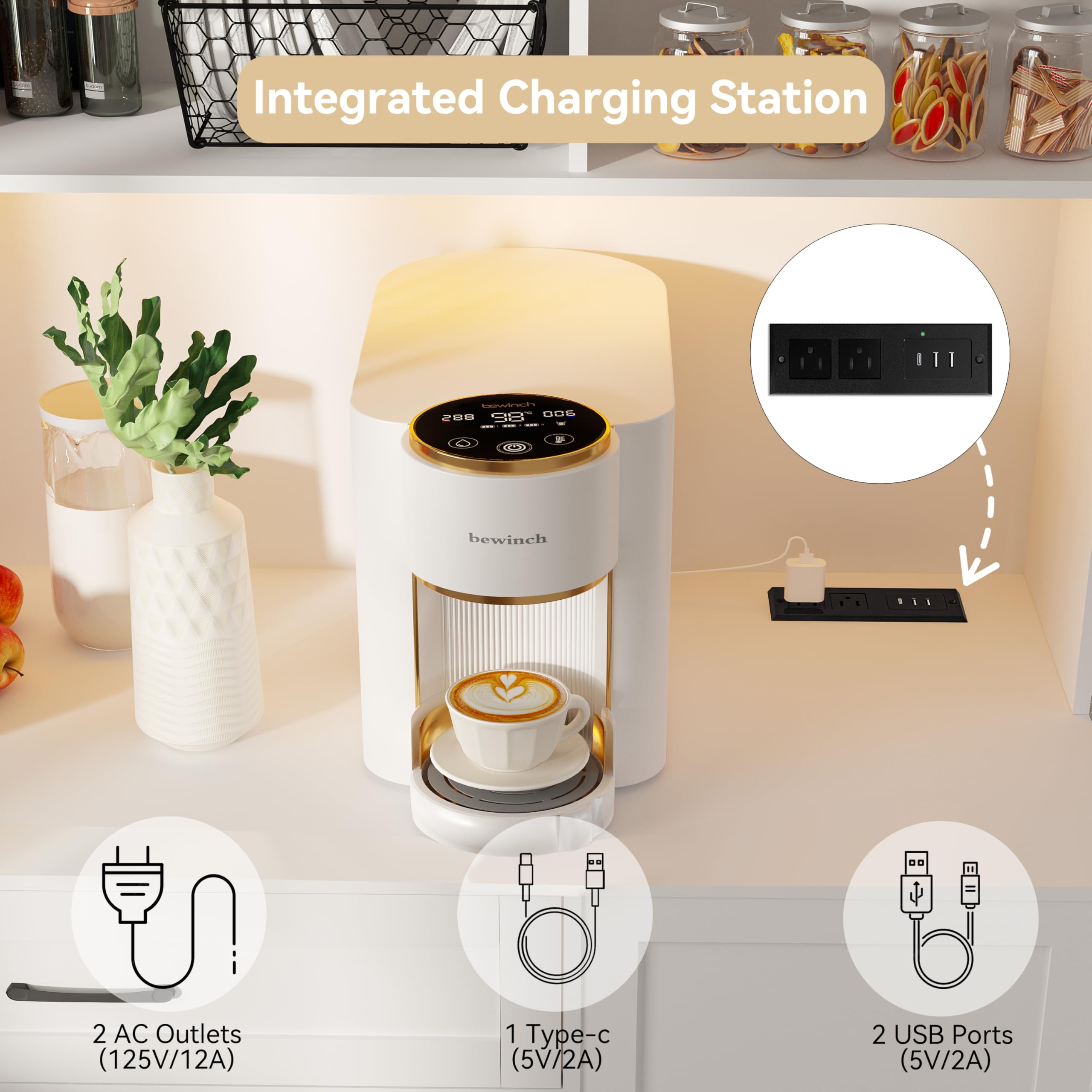 Kitchen Pantry Cabinet with LED Light and Charging Station