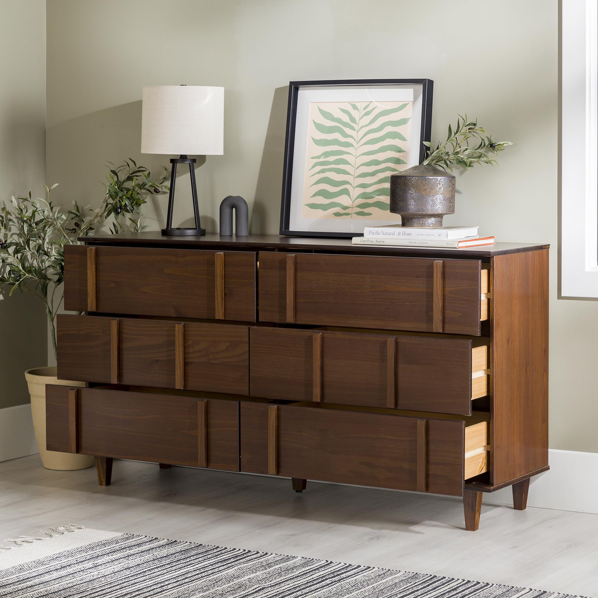 6-Drawer Solid Pine Wood Dresser 60 Inch Walnut