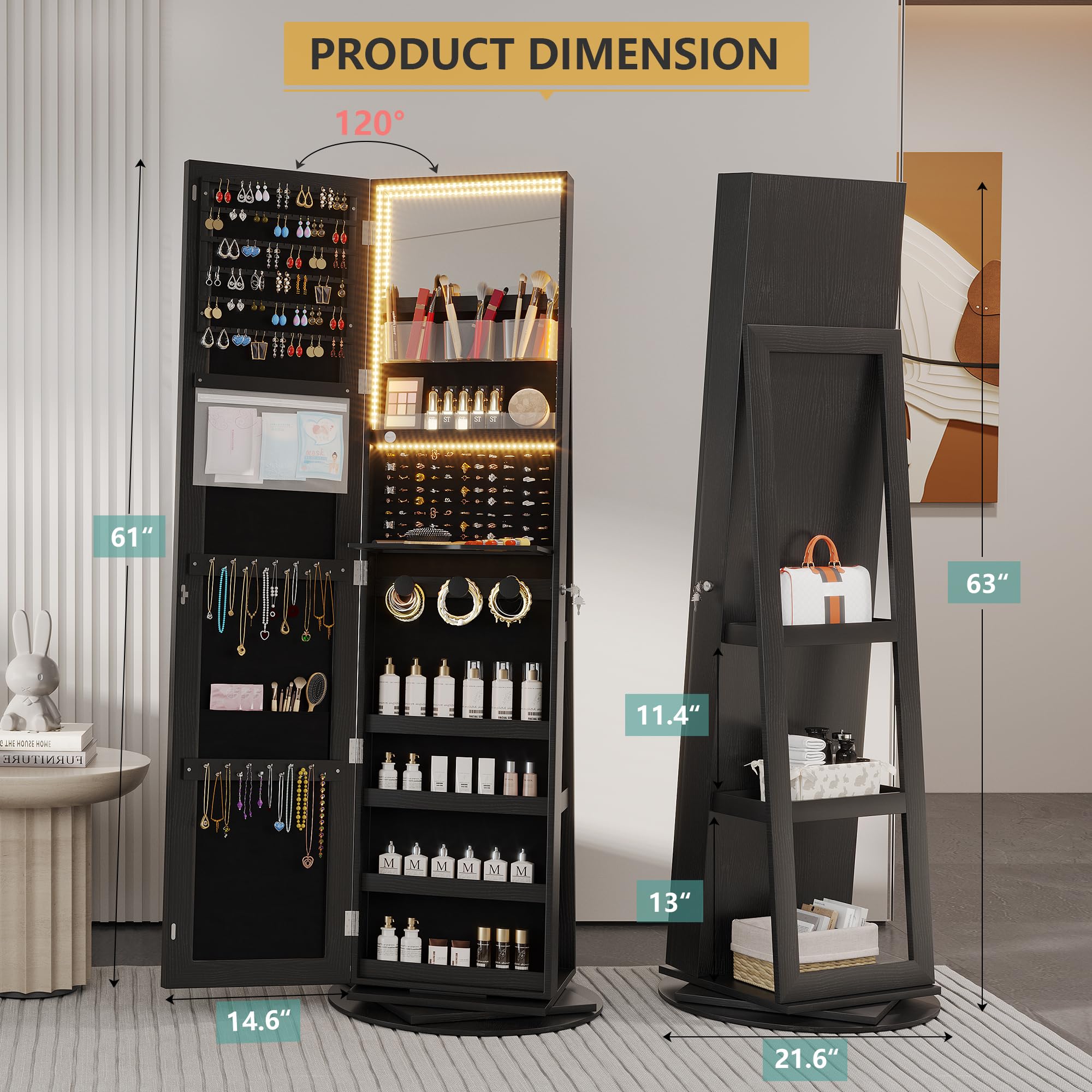 360° Swivel Mirror Jewelry Cabinet with Lights
