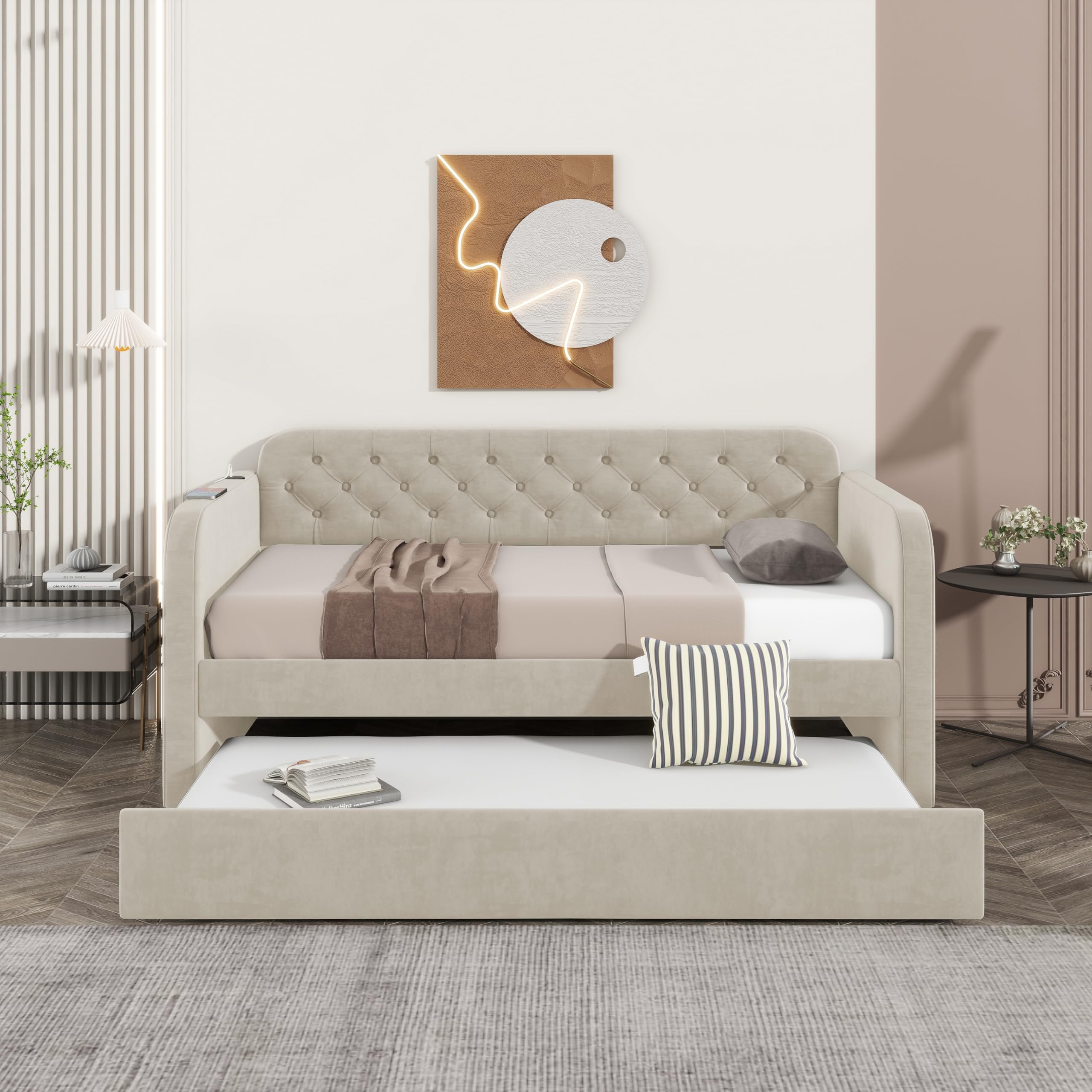 Twin Size Upholstered Daybed with Trundle and USB Ports