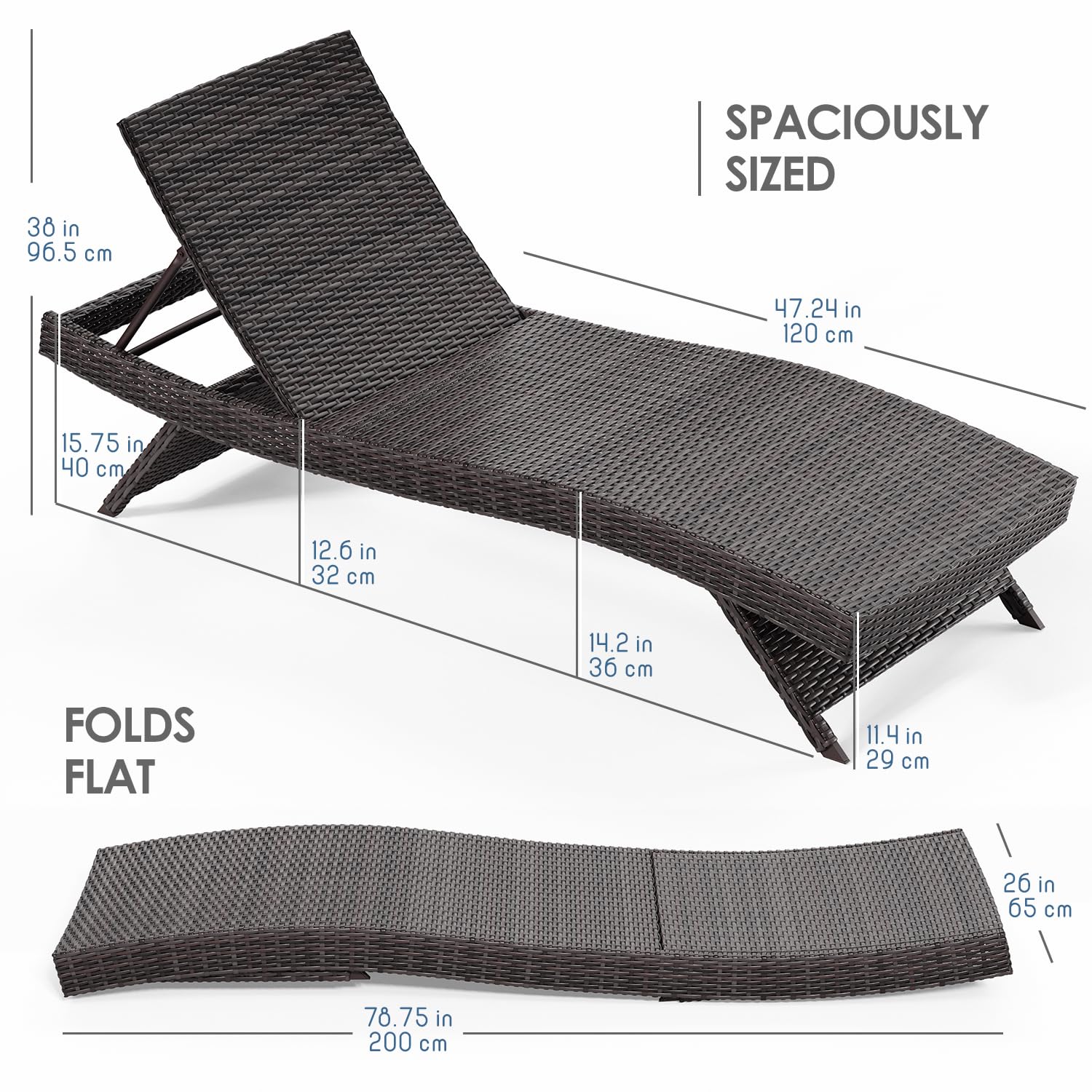 Outdoor Wicker Chaise Lounge Chair Set of 2 with Reclining Backrest