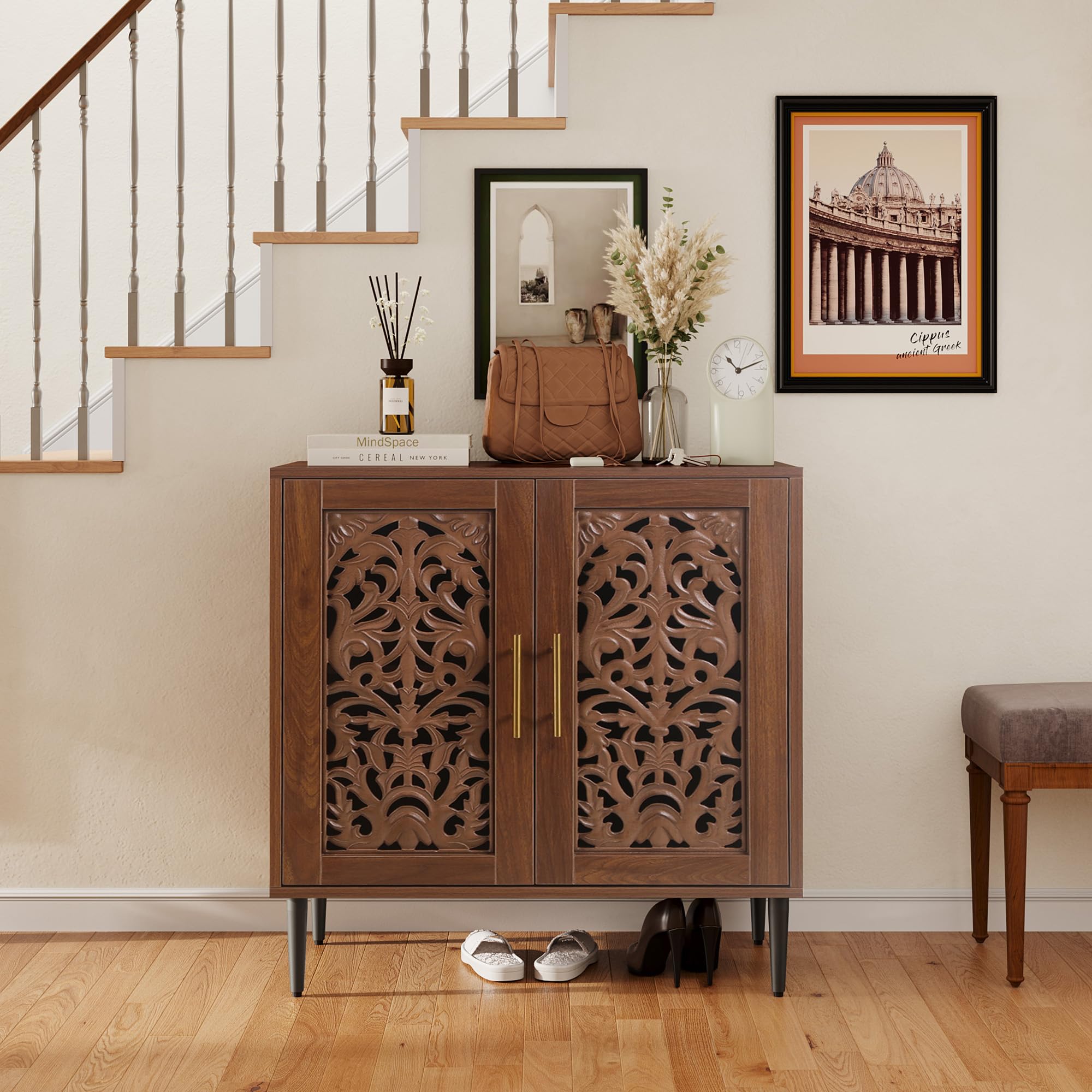 Vintage Hollow Carved Buffet Cabinet with Storage