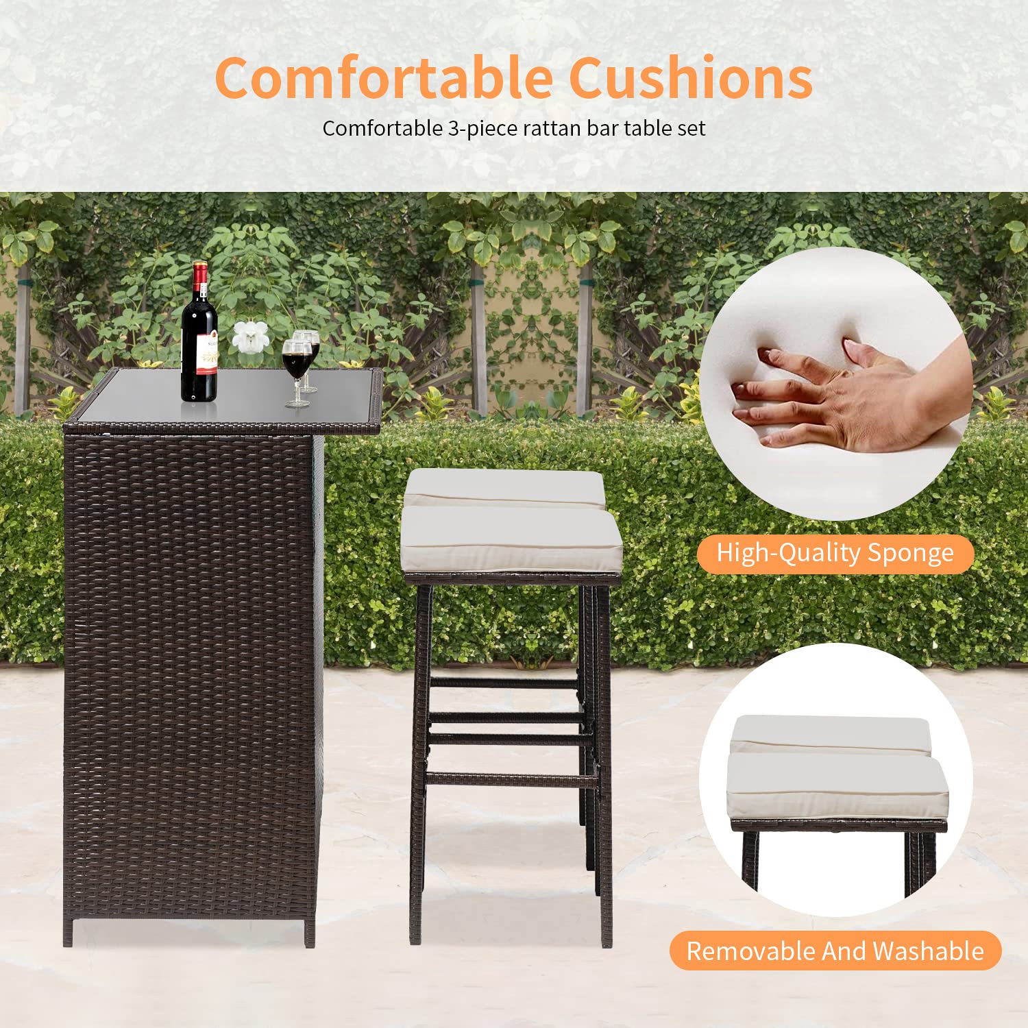 3-Piece Wicker Patio Bar Set with Glass Top Table