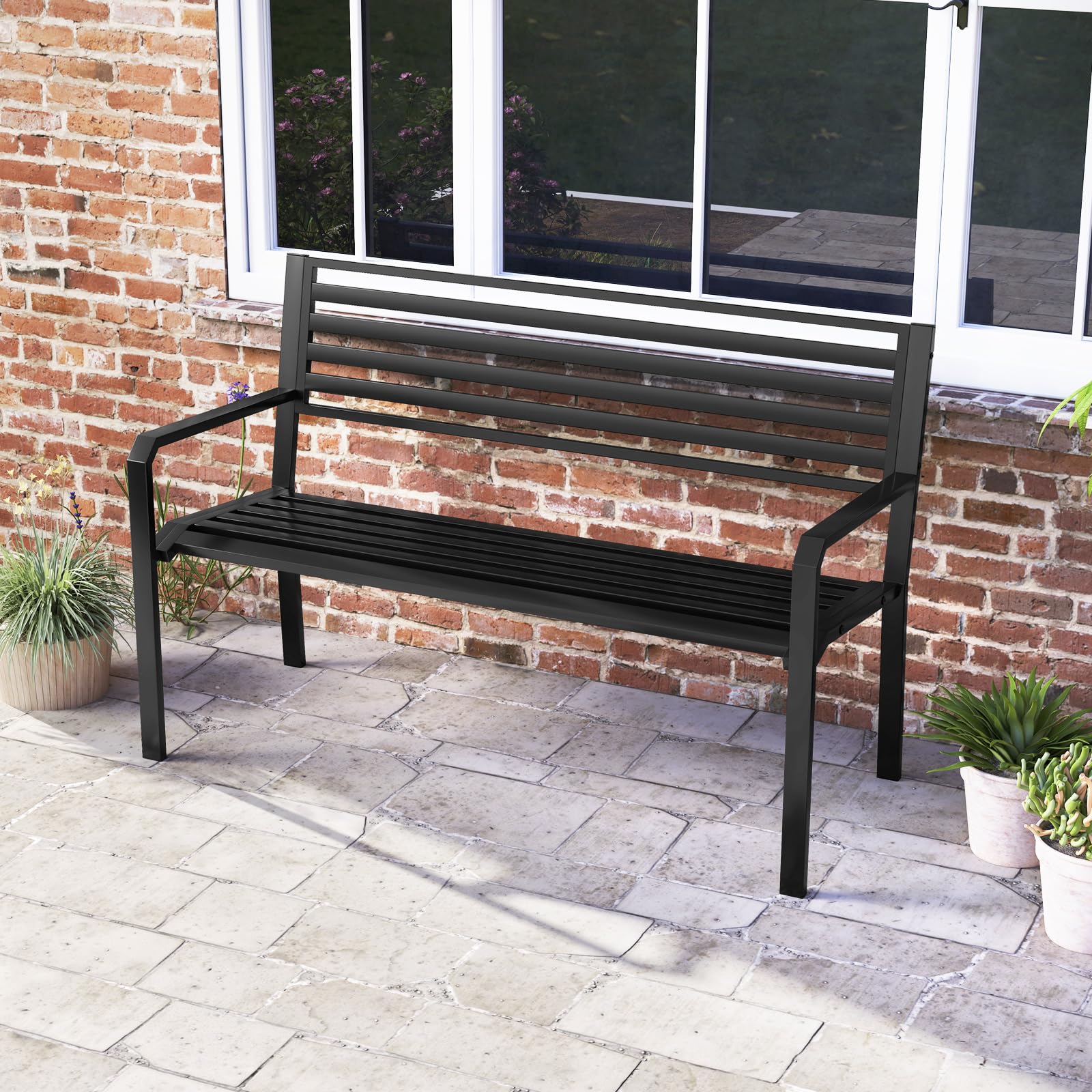 50" Outdoor Metal Park Bench with Armrests and Backrest