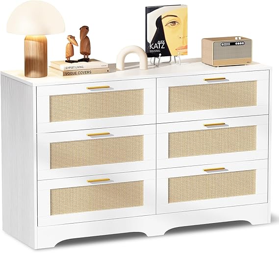 6 Drawer Rattan Dresser with Golden Handles