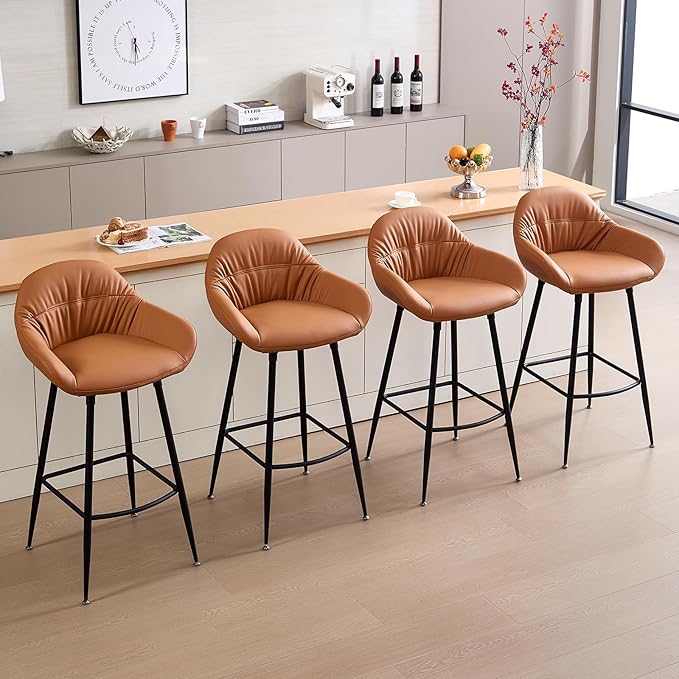 Mid Century Modern Barstool Set of 2 - PU Leather Counter Height Stools with Walnut Bentwood Back