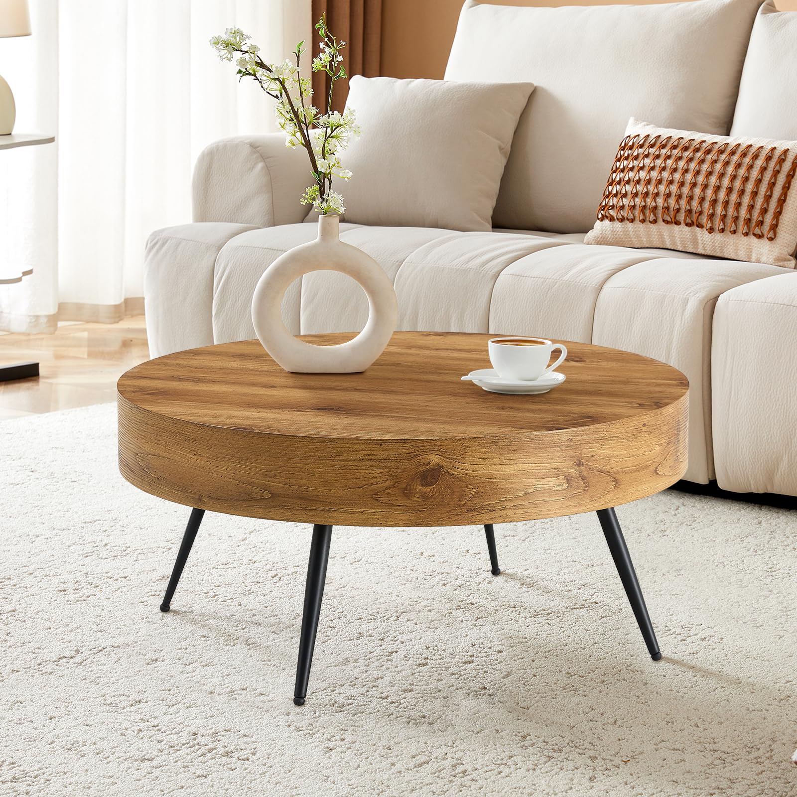 Round Wood Coffee Table with Storage