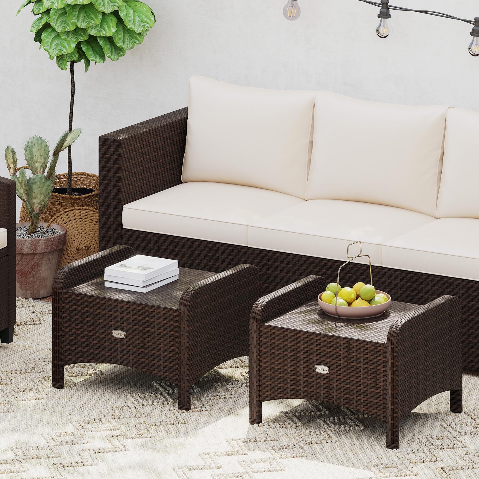2-Piece Patio Wicker Ottoman Set with Removable Cushions