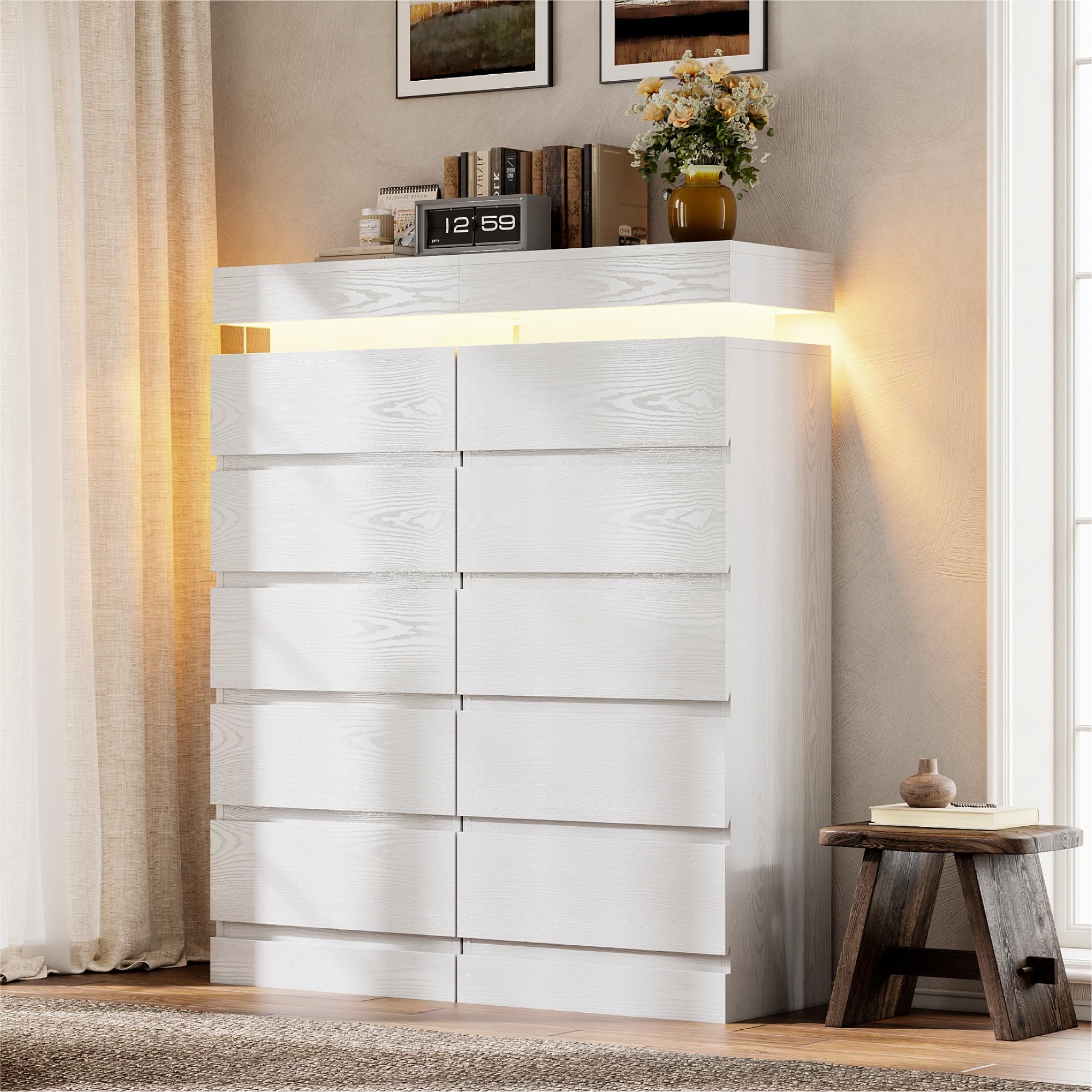 5-Drawer Tall Dresser with LED Lights and Charging Station