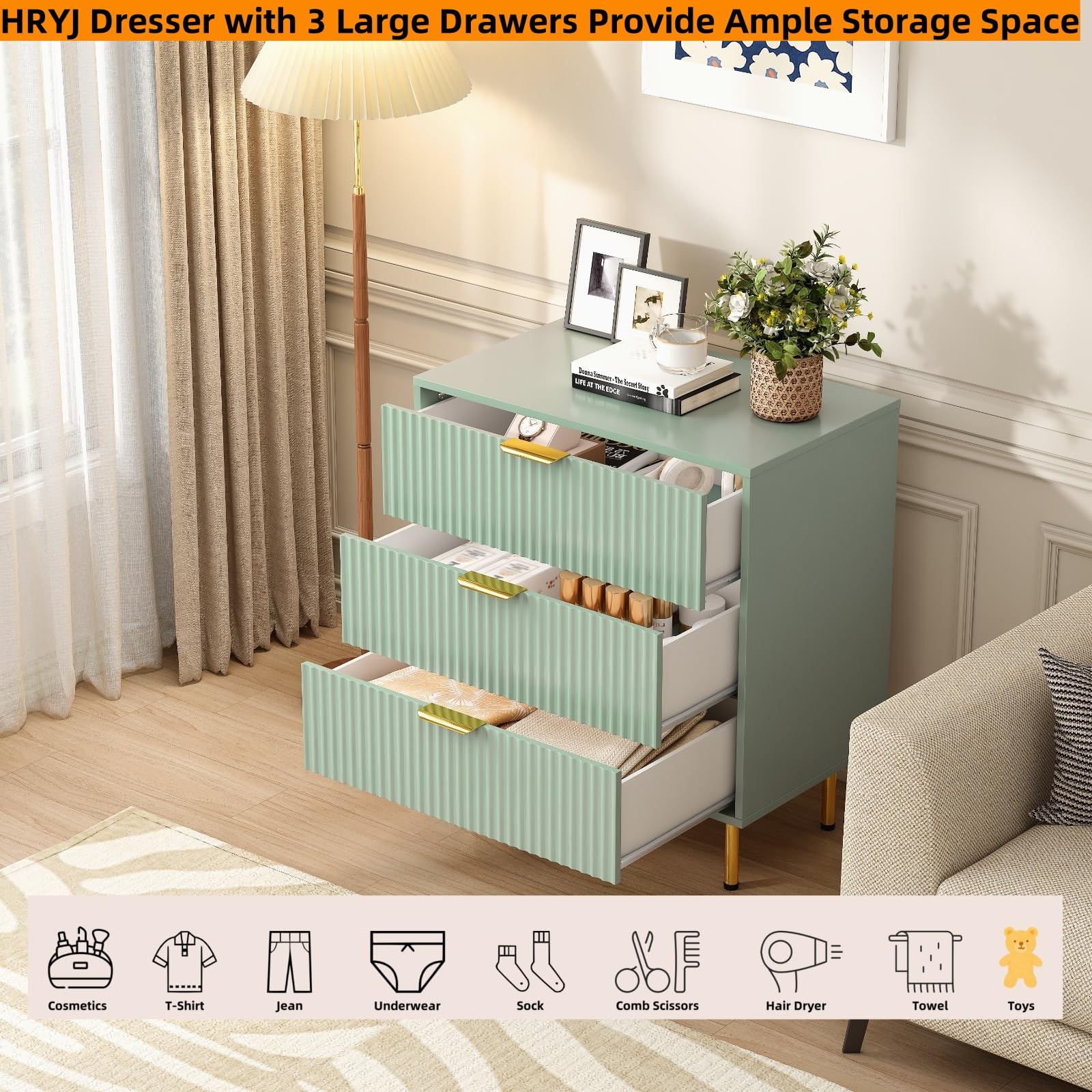 Sage Green Fluted Nightstand Set of 2 with 3 Drawers