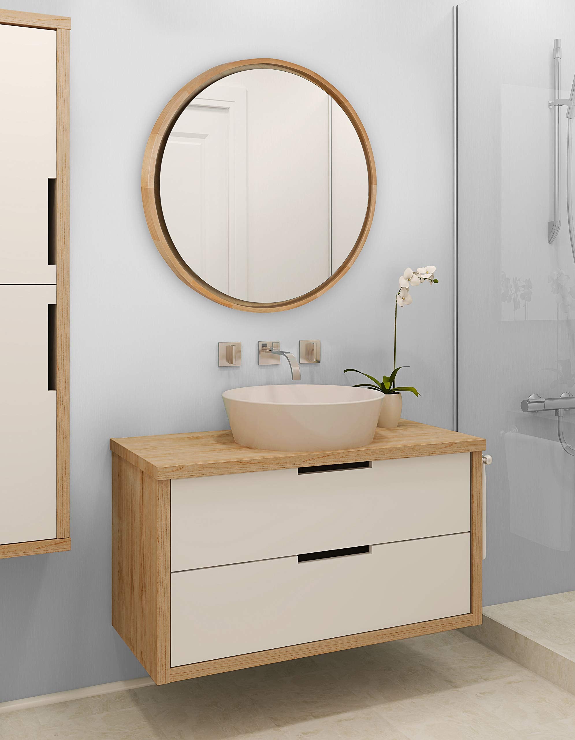 30-Inch Round Wood Framed Wall Mirror