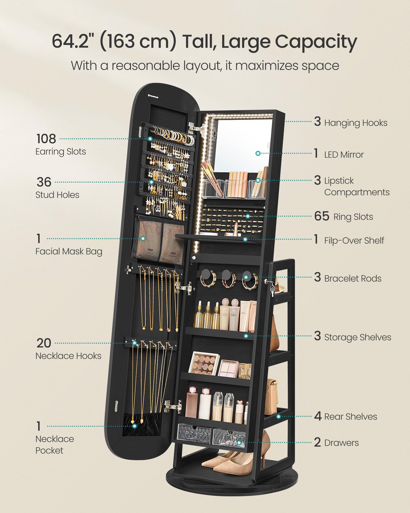 LED Jewelry Cabinet with 360° Swivel Mirror