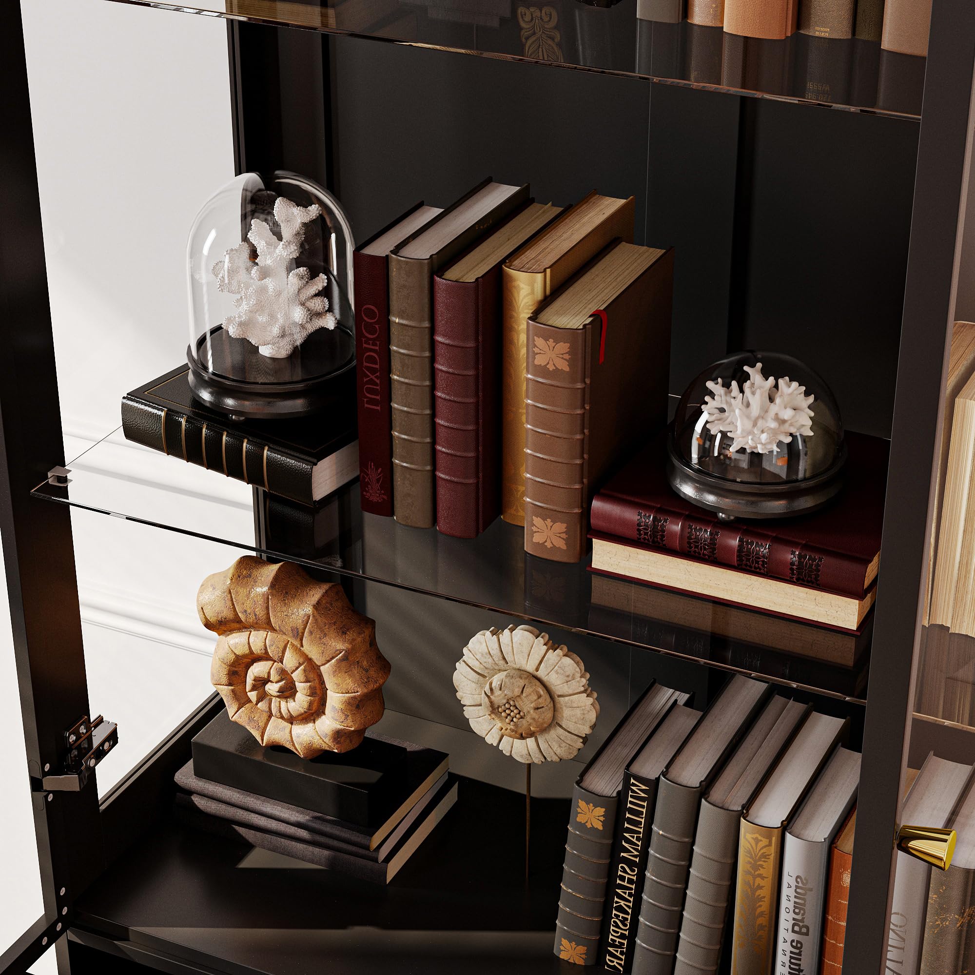 Lighted Bookcase with Drawers and Glass Doors