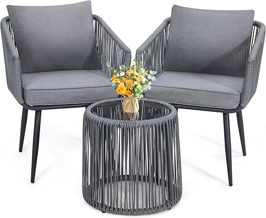 3 Piece Bistro Set with Tempered Glass Table and Wicker Chairs