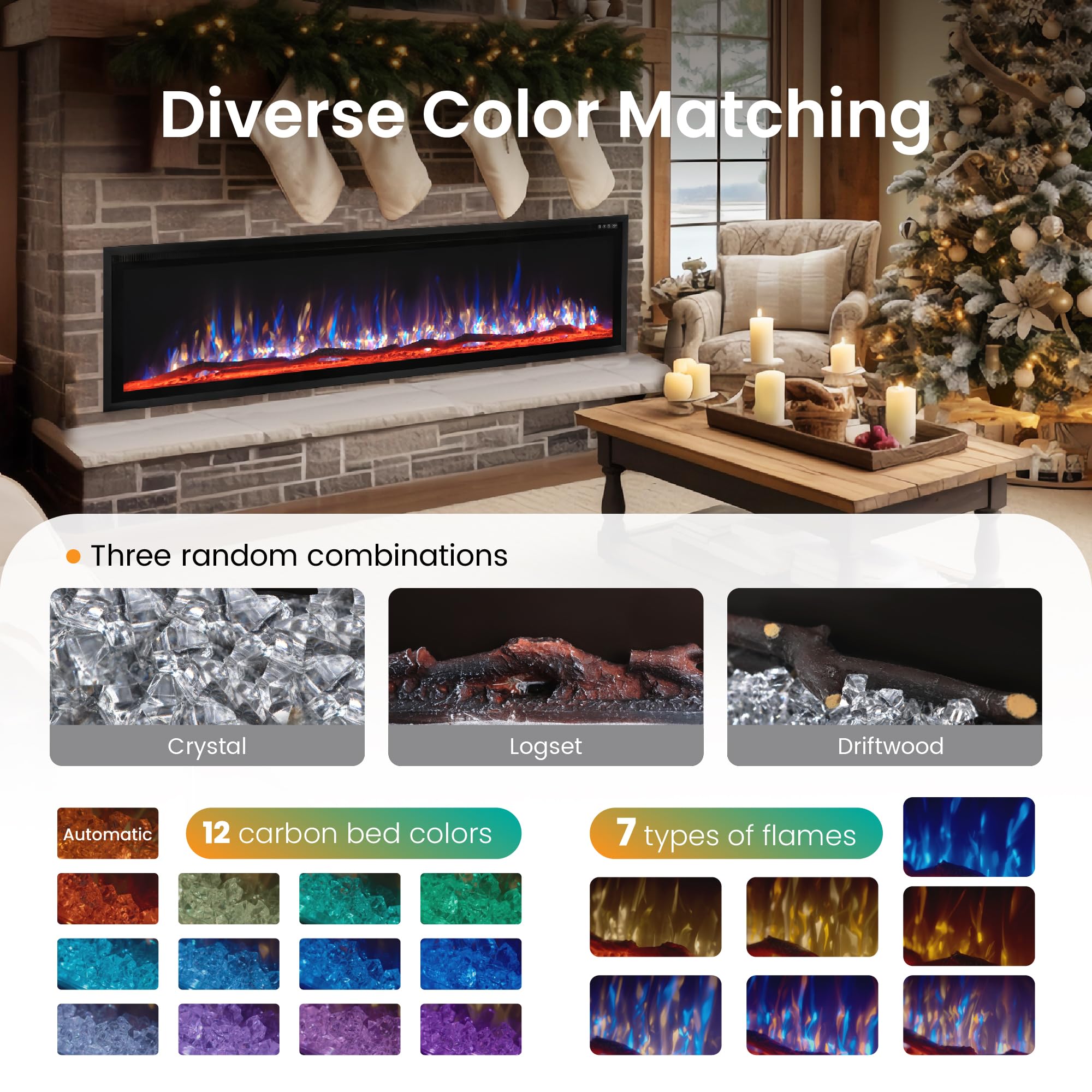 72" Electric Fireplace Wall Mounted with Remote Control