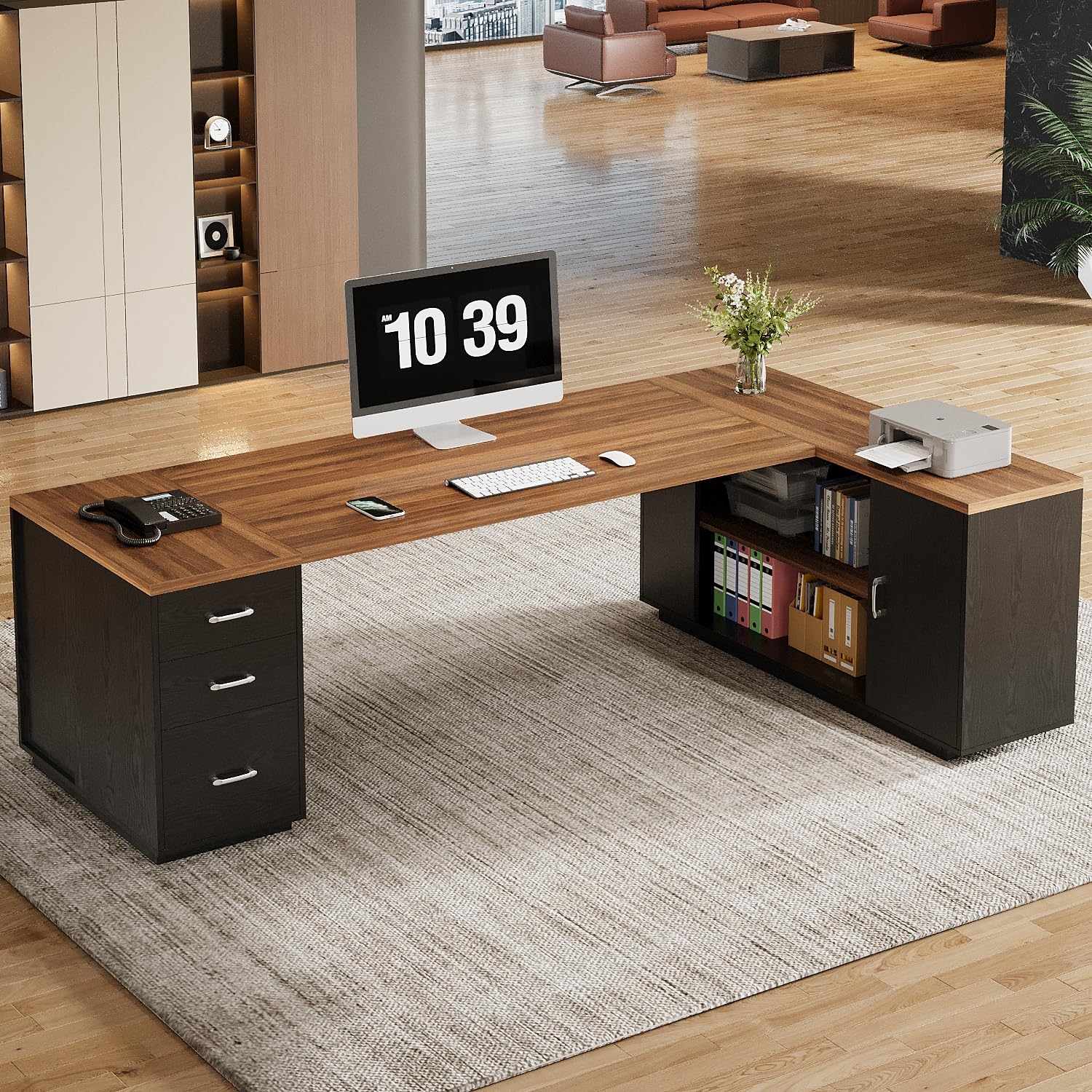 85.8-Inch L-Shaped Executive Desk with File Drawers and Storage Cabinet