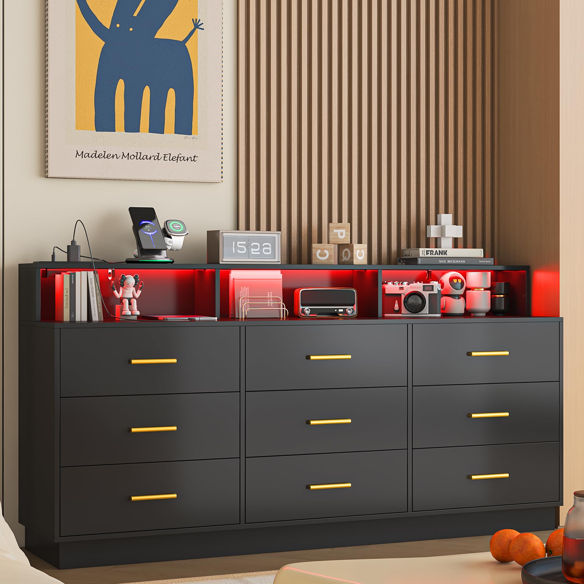 9 Drawer Dresser with LED Light and Power Outlet