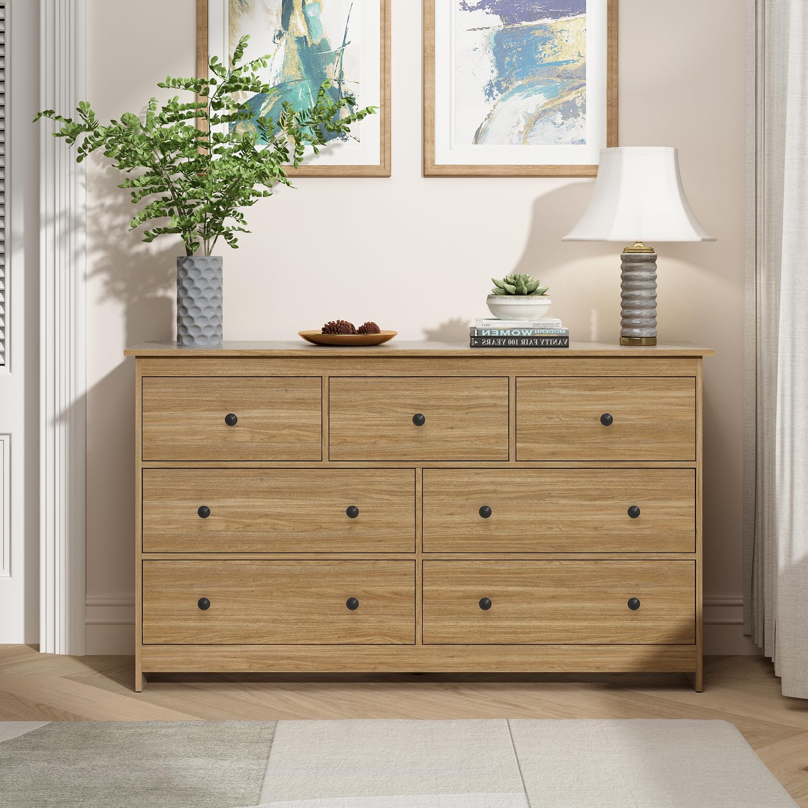 7 Drawer Dresser 55 Inch Wide Natural Wood Chest