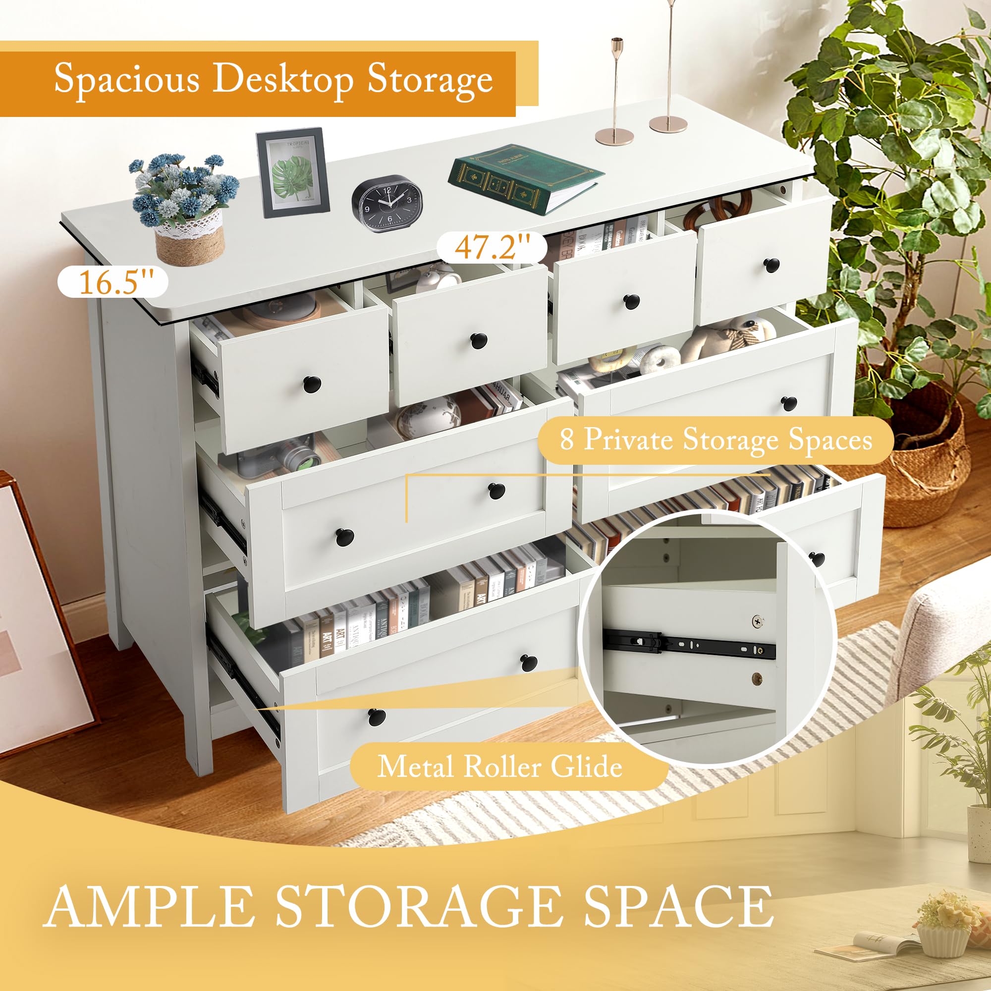8 Drawer Dresser 47" Wooden Chest with Metal Knobs White