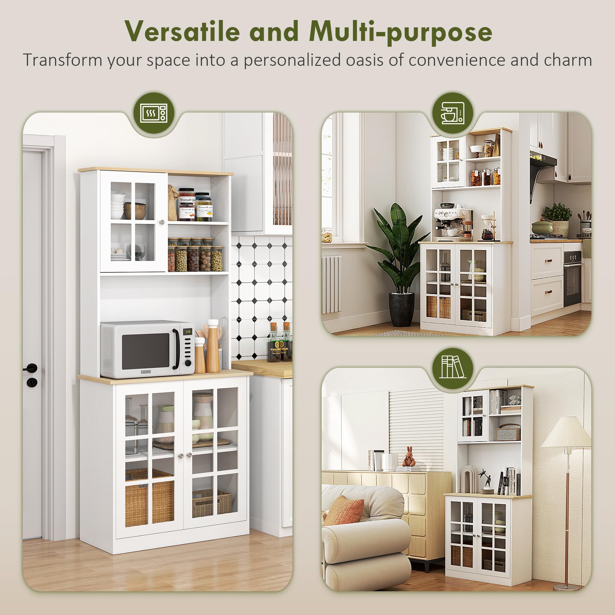 72" Kitchen Pantry Storage Cabinet with Glass Doors
