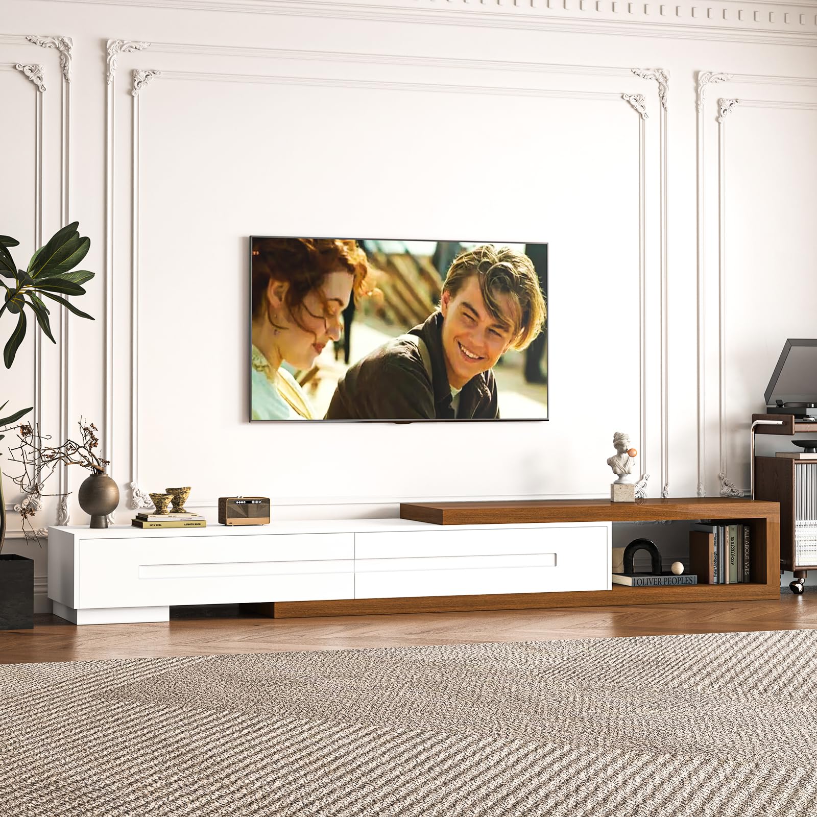 Extendable TV Stand 82-110 Inch with 2 Drawers White