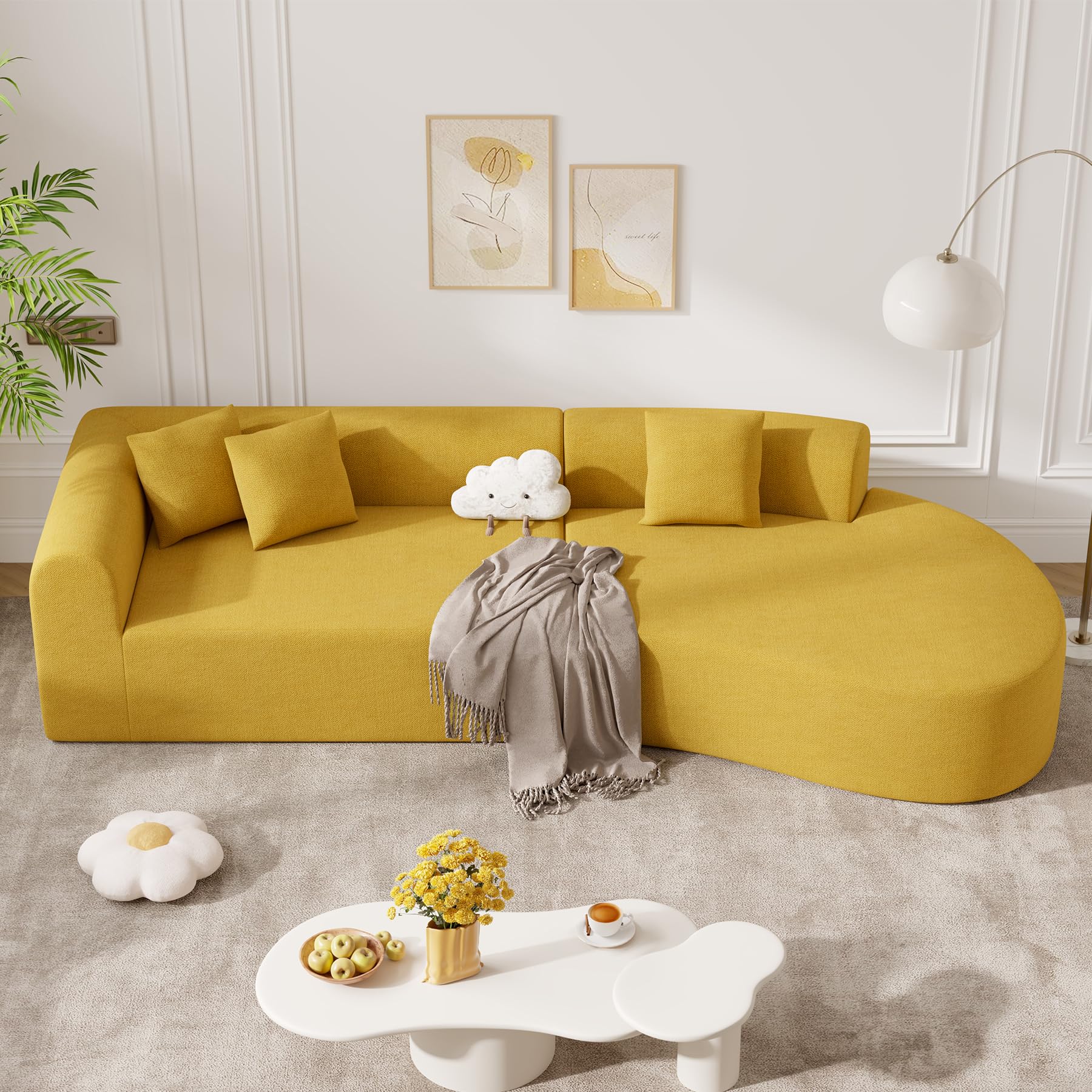 126" Modular Sectional Sofa, Modern Cloud Curved Couch with Deep Seat, Upholstered Oversized Couches for Living Room, No Assembly Required, Yellow Chenille Fabric, 1 PCS
