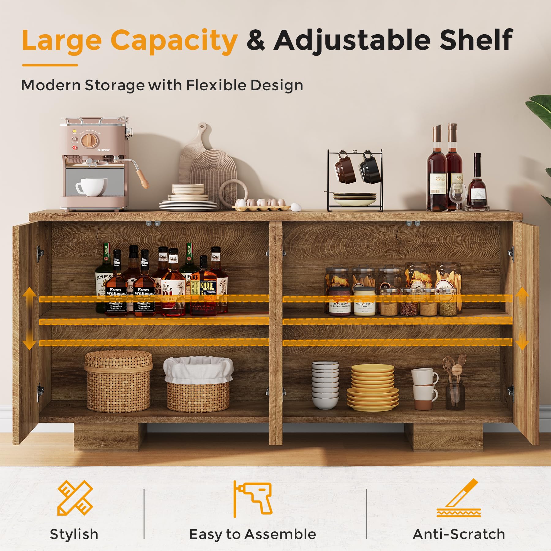 Farmhouse Sideboard Buffet Cabinet with 4 Doors