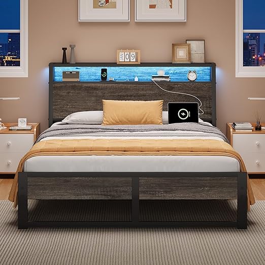 Twin Metal Bed Frame with LED Lights and Charging Station