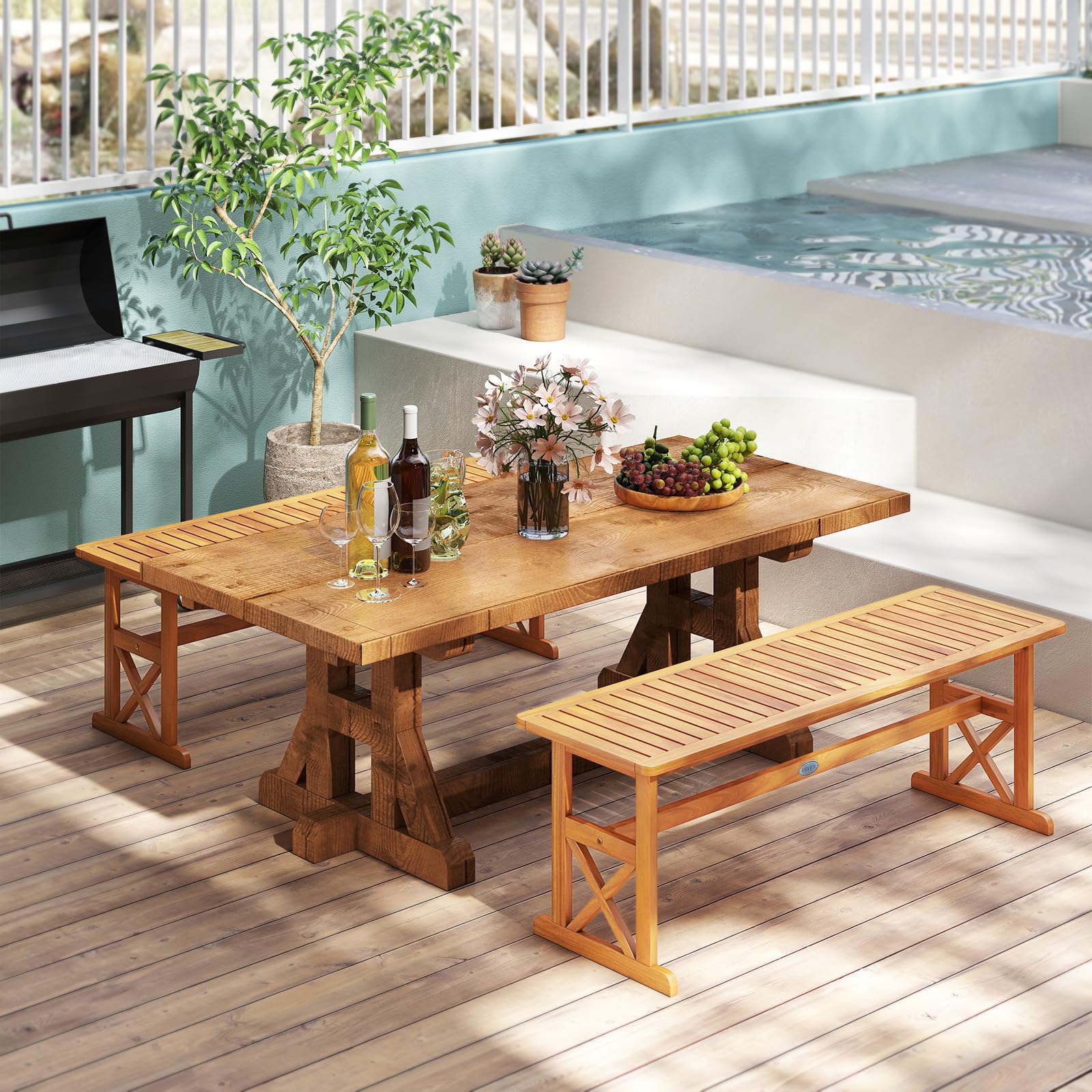 Acacia Wood Outdoor Bench Backless Patio Dining Seat