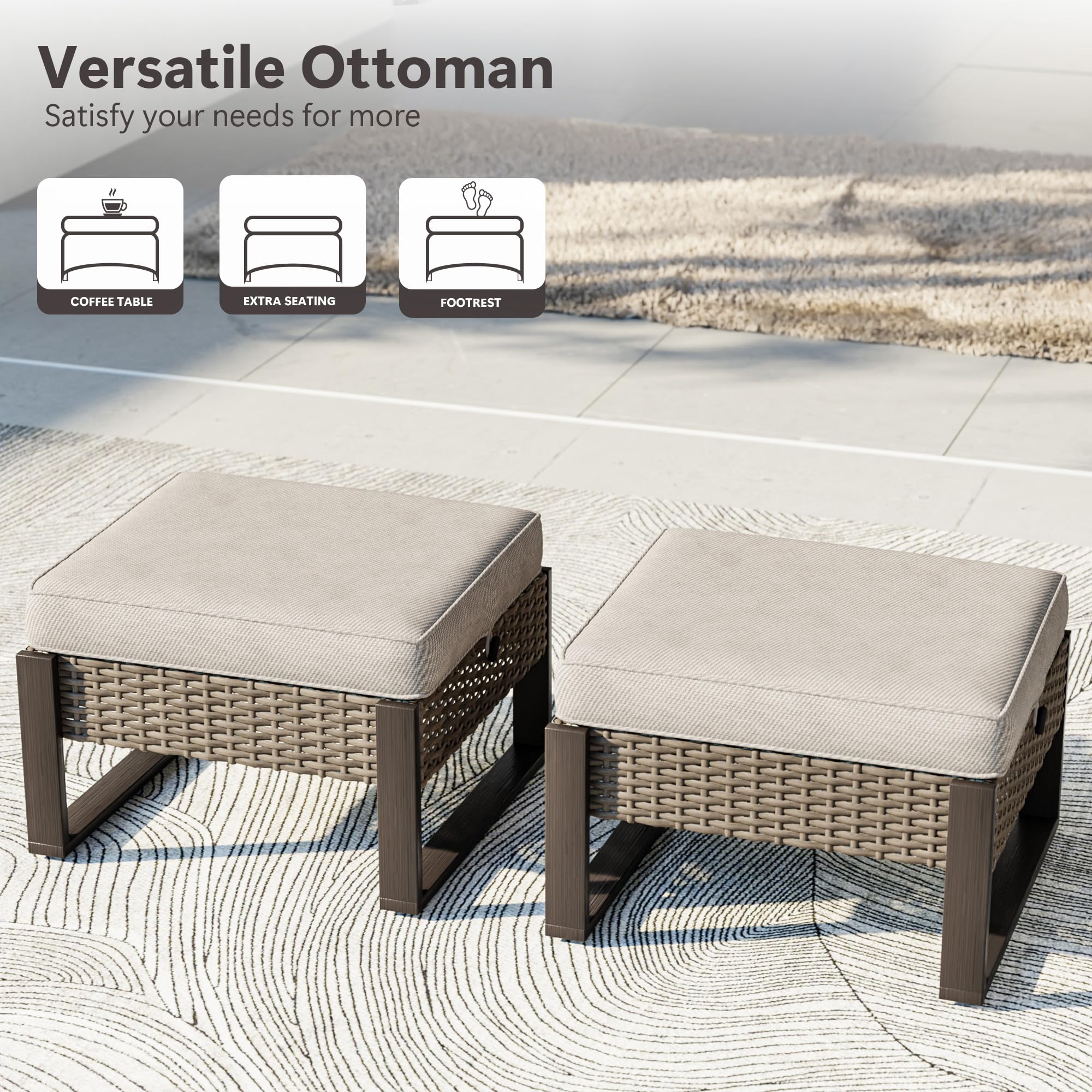 Outdoor Wicker Patio Ottomans Set of 2 with Cushions