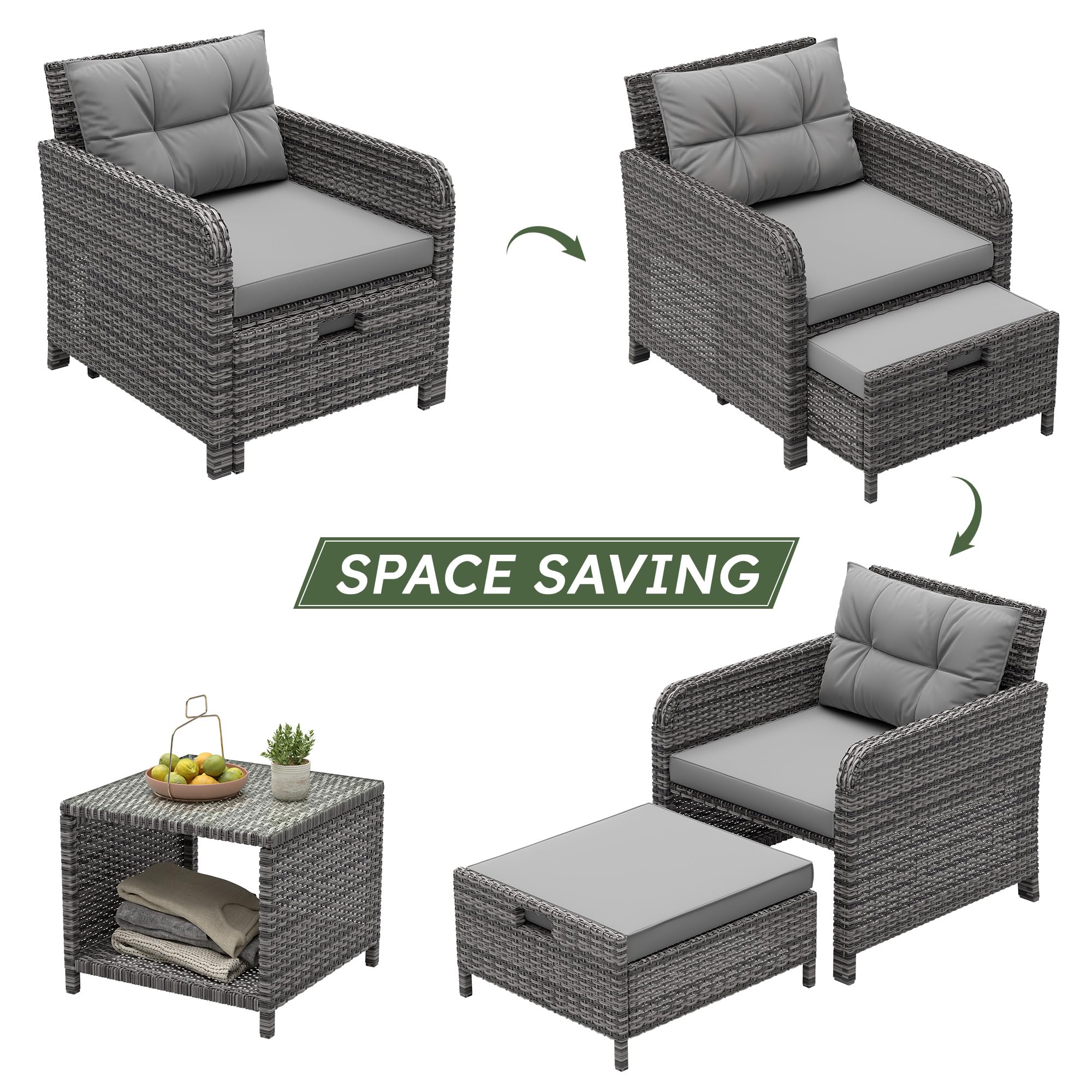 5 Piece Wicker Patio Furniture Set with Ottomans and Coffee Table
