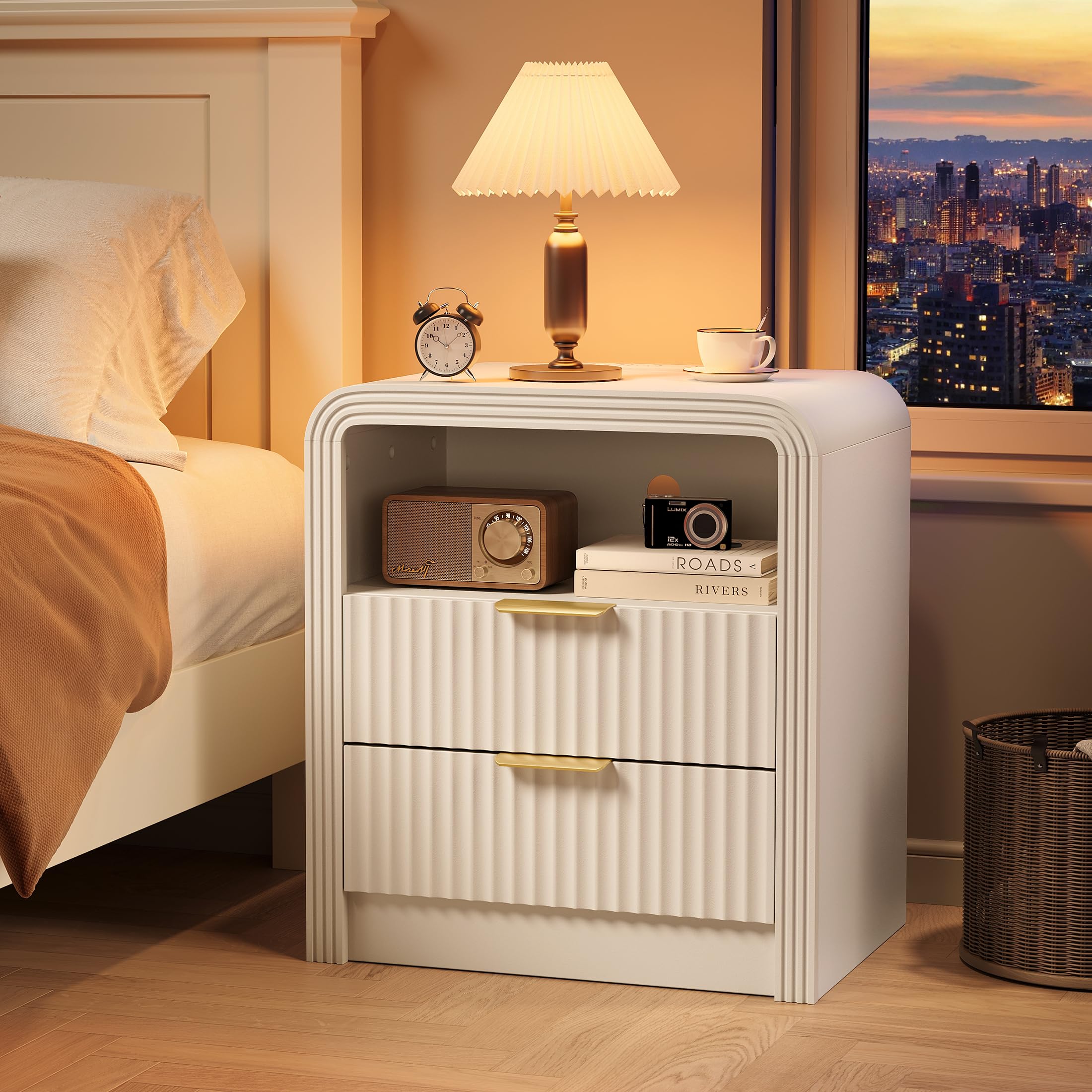 Fluted Nightstand with Charging Station