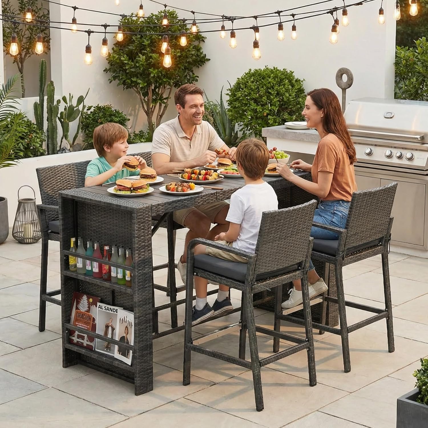 7-Piece Wicker Patio Bar Set with Storage