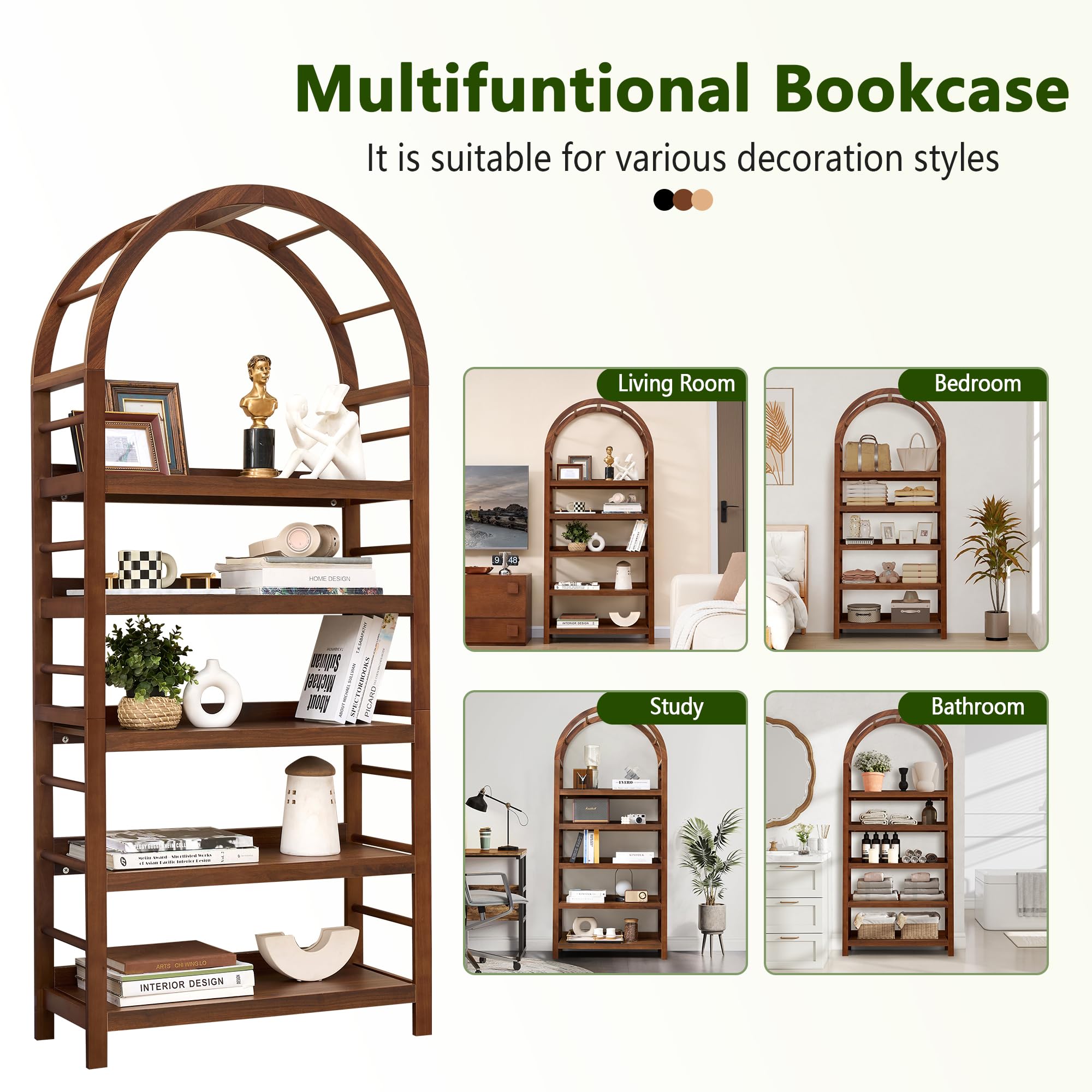 5-Tier Arched Bookshelf with Solid Wood Frame