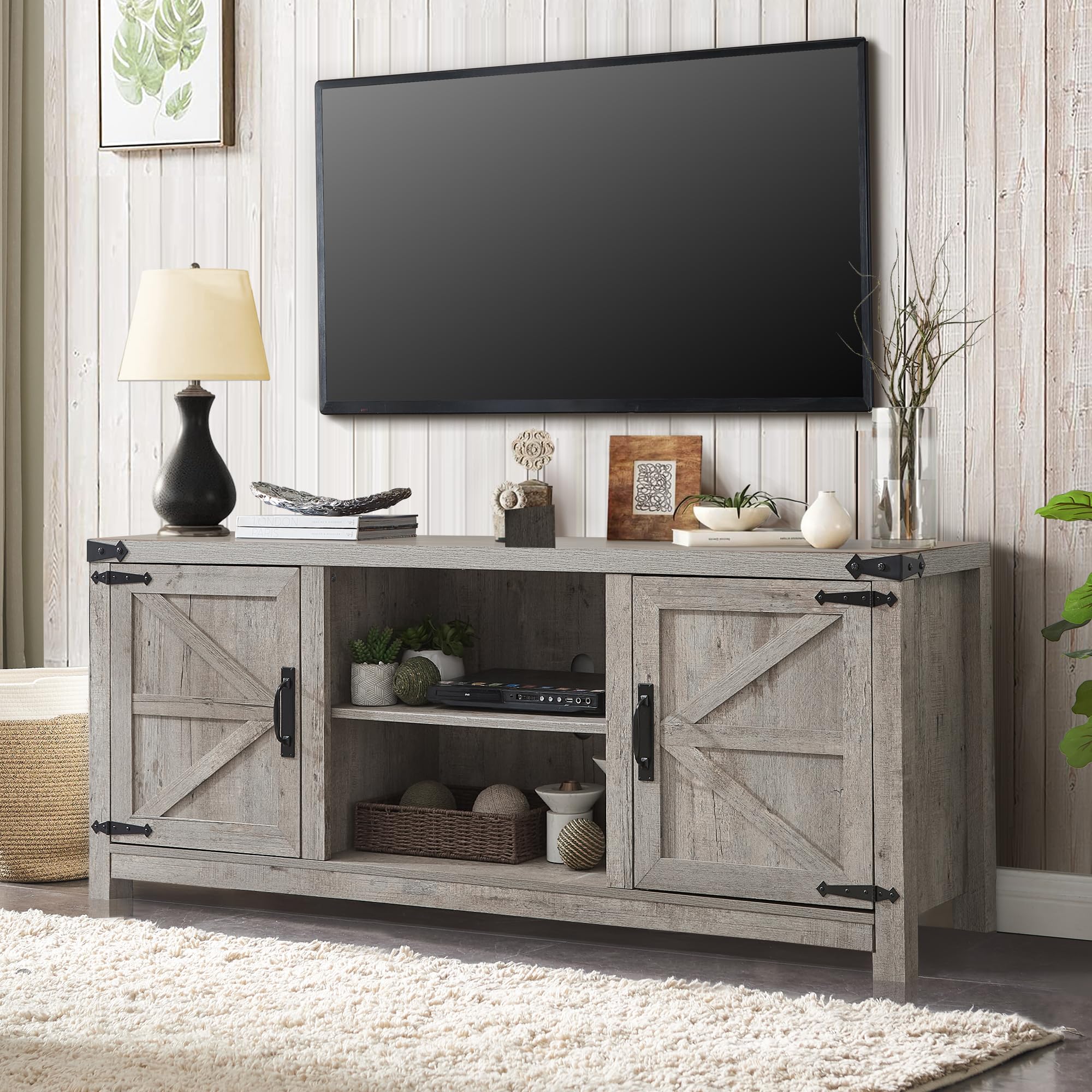 66 Inch Farmhouse TV Stand with Barn Door Cabinets