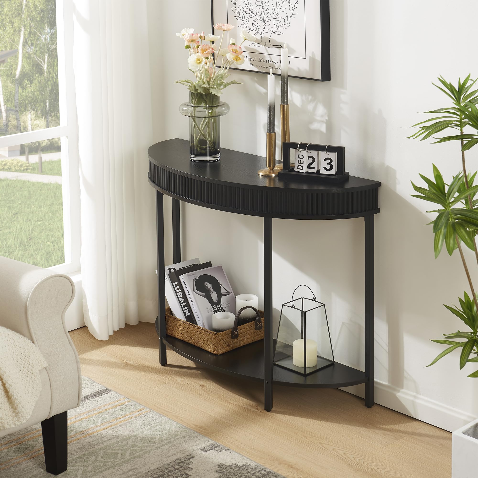 Fluted Half Moon Console Table - Modern 2-Tier Black Entryway