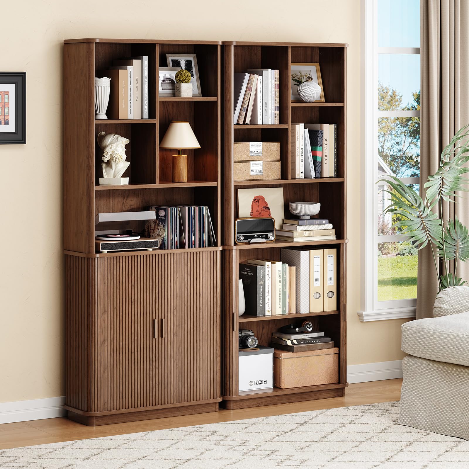 71" Curved Bookshelf with Storage Cabinet