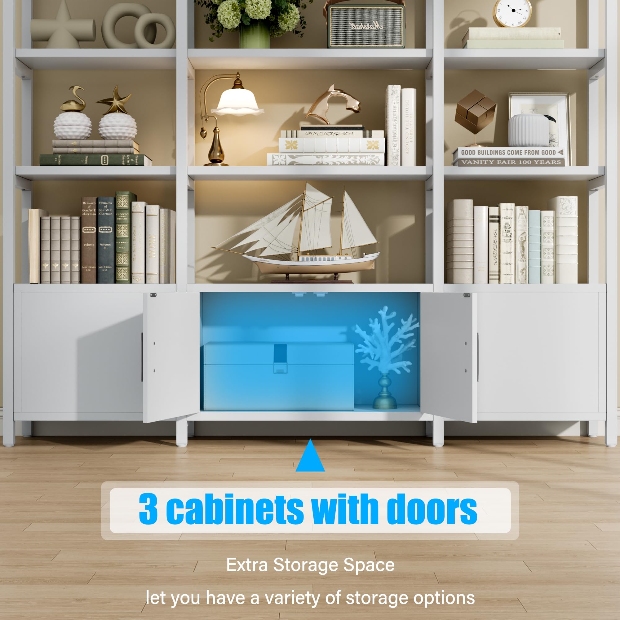 Tall Arched Bookshelf with 3 Cabinets - Triple Wide 5 Tier Industrial Etagere