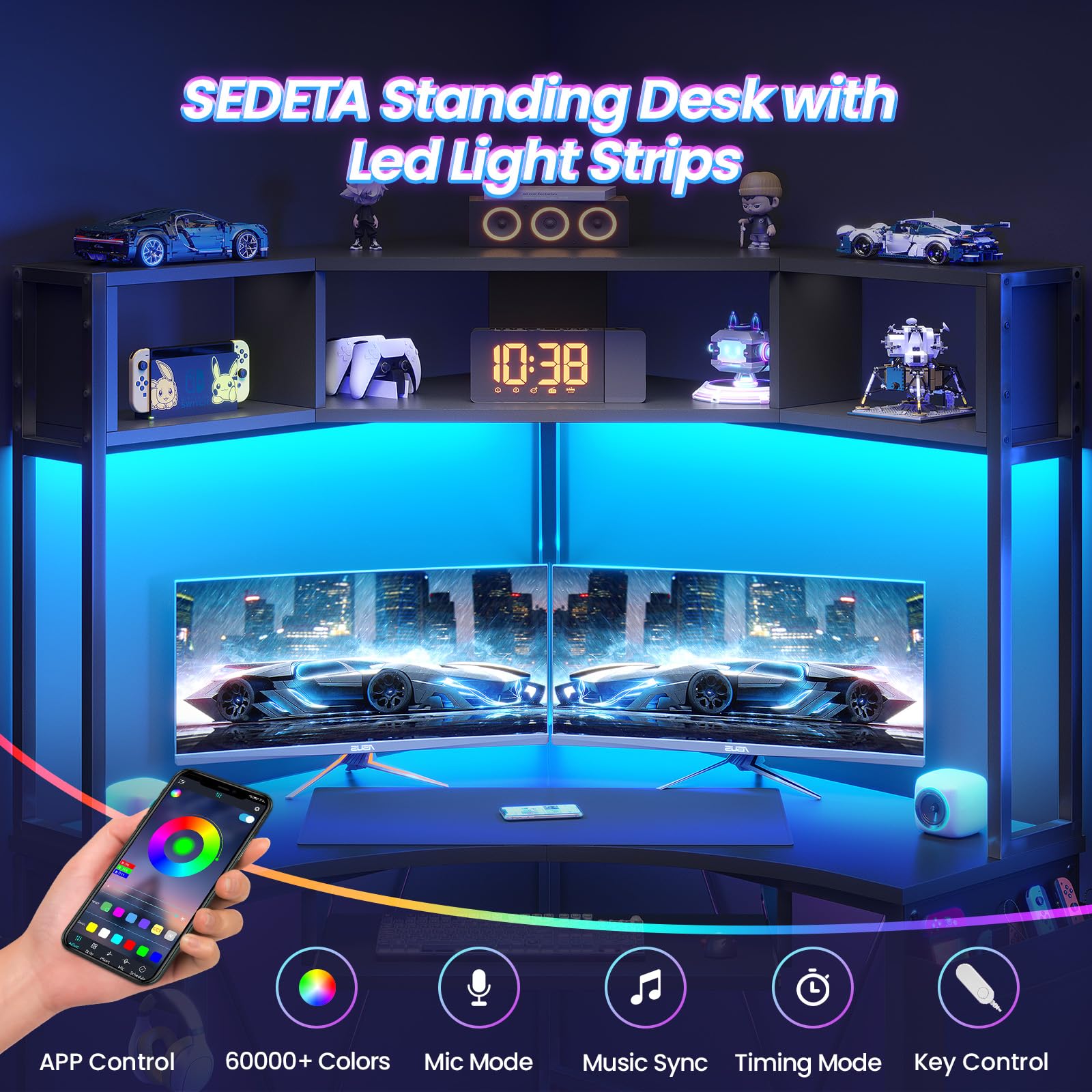 Corner Desk with Hutch and LED Lights