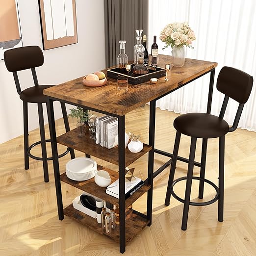 Counter Height Bar Table Set with Storage and Stools